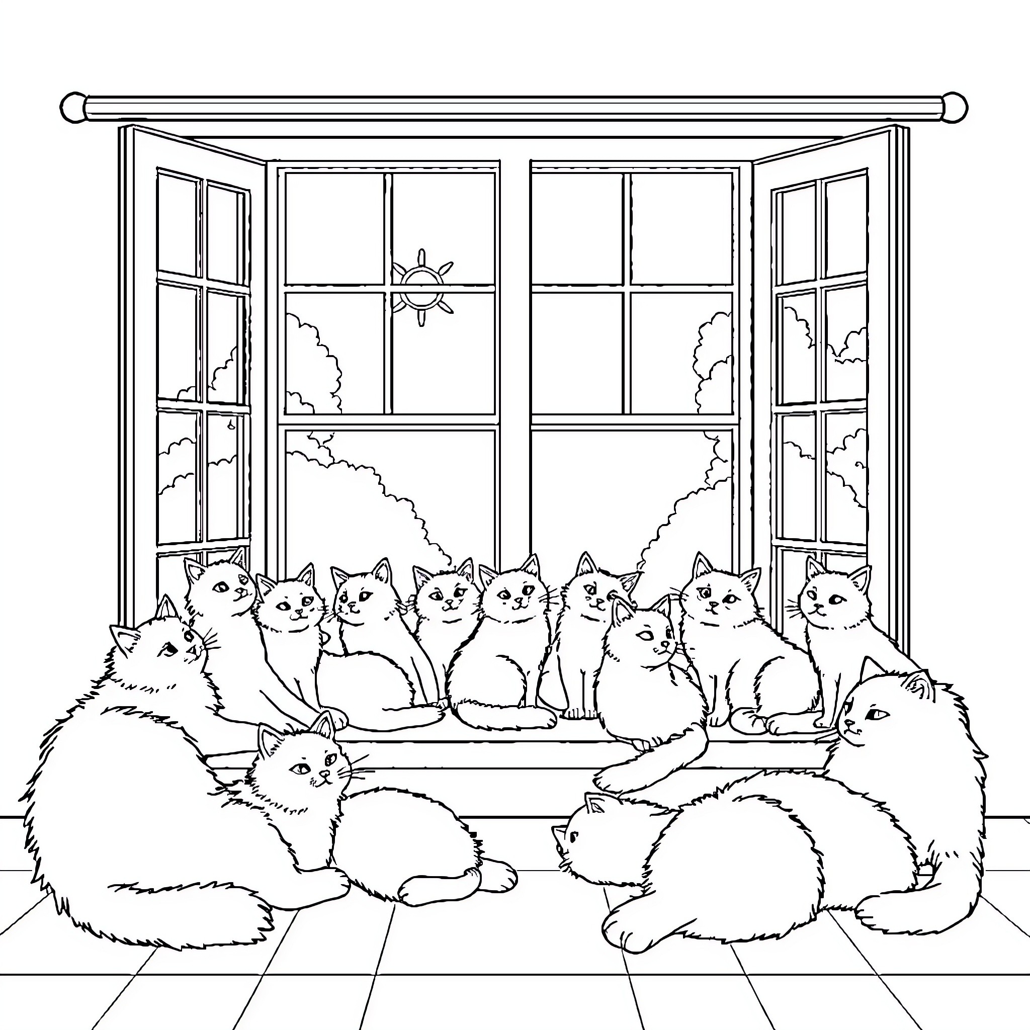 Cat group relaxing on windowsill Coloring Page (free black-and-white line drawing printable PDF for all, from beginners to advanced learners, including children, teens, adults, and seniors)