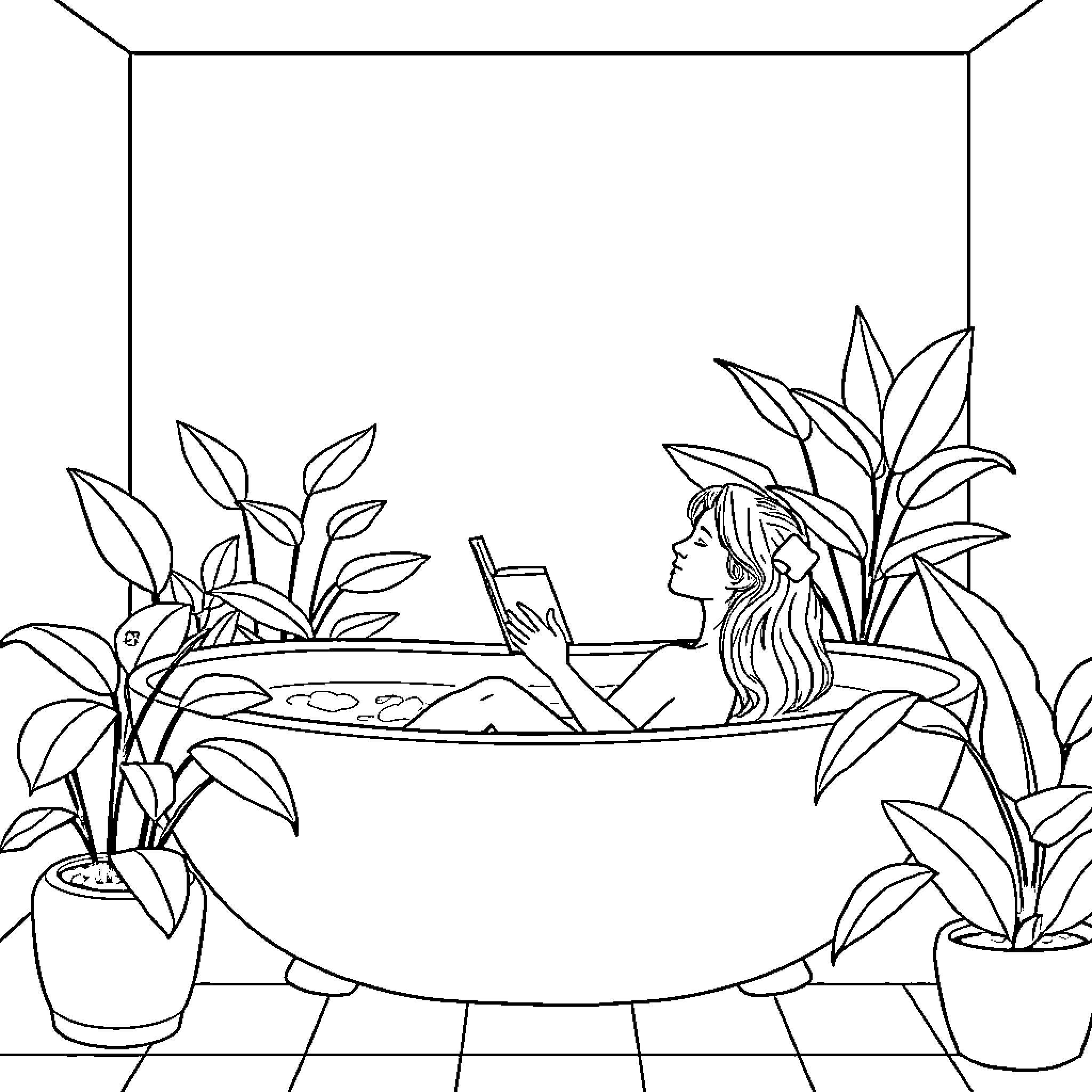 Woman relaxing in bathtub surrounded by plants Coloring Page (free black-and-white line drawing printable PDF for all, from beginners to advanced learners, including children, teens, adults, and seniors)