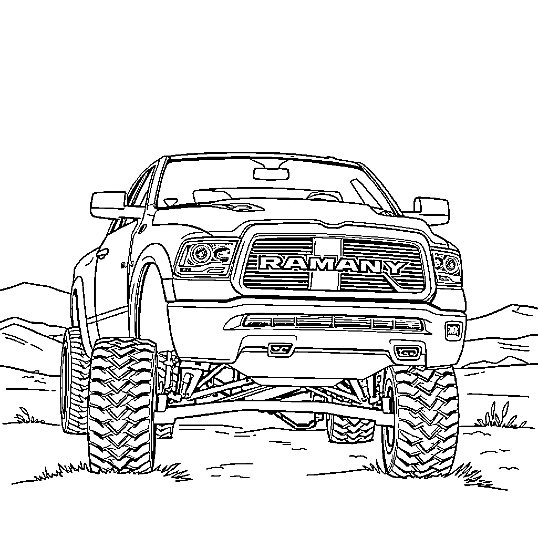 Dodge Ram off-road truck in rugged terrain Coloring Page (free black-and-white line drawing printable PDF for all, from beginners to advanced learners, including children, teens, adults, and seniors)