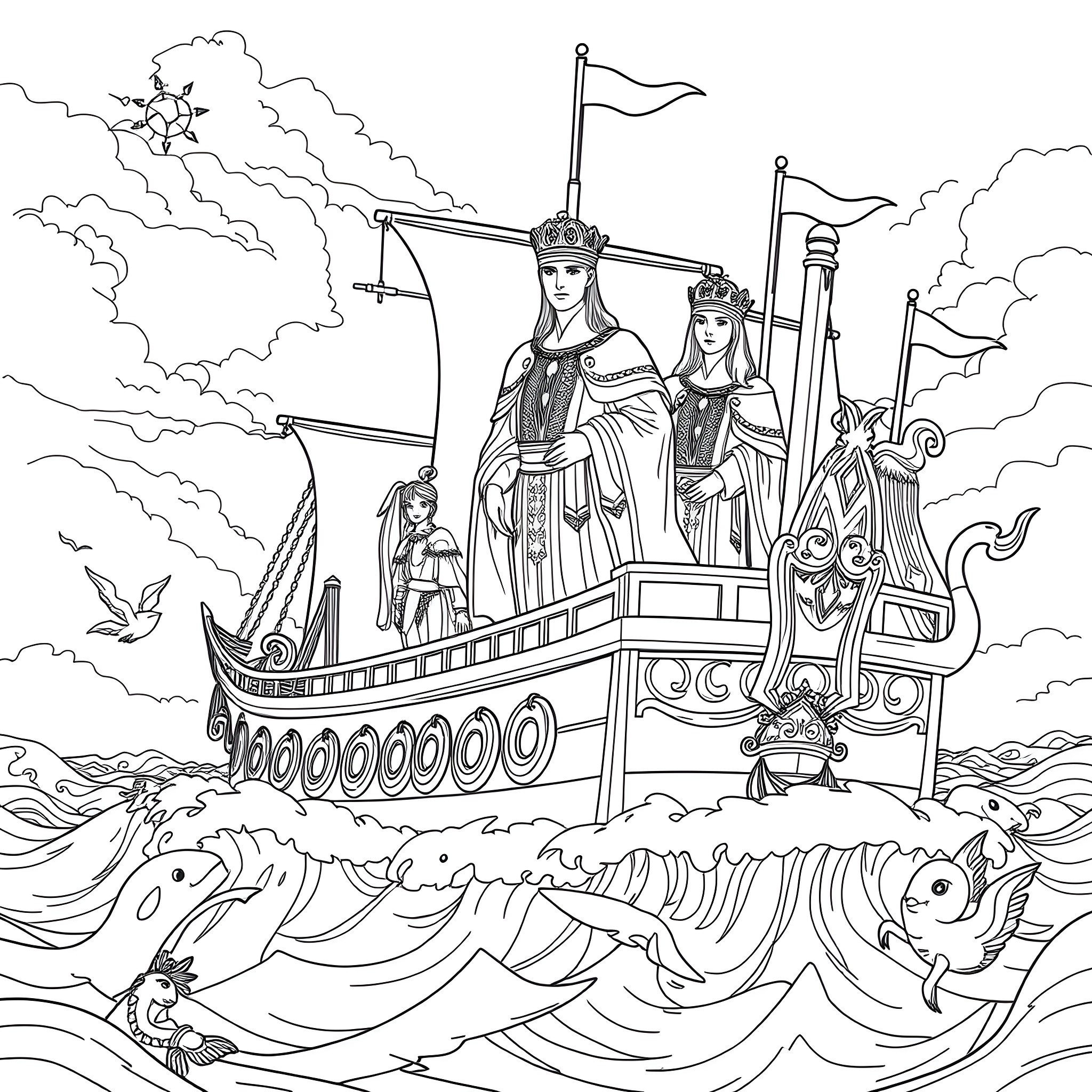 Prince and Princesses Sailing on a Magnificent Ship Coloring Page (free black-and-white line drawing printable PDF for all, from beginners to advanced learners, including children, teens, adults, and seniors)