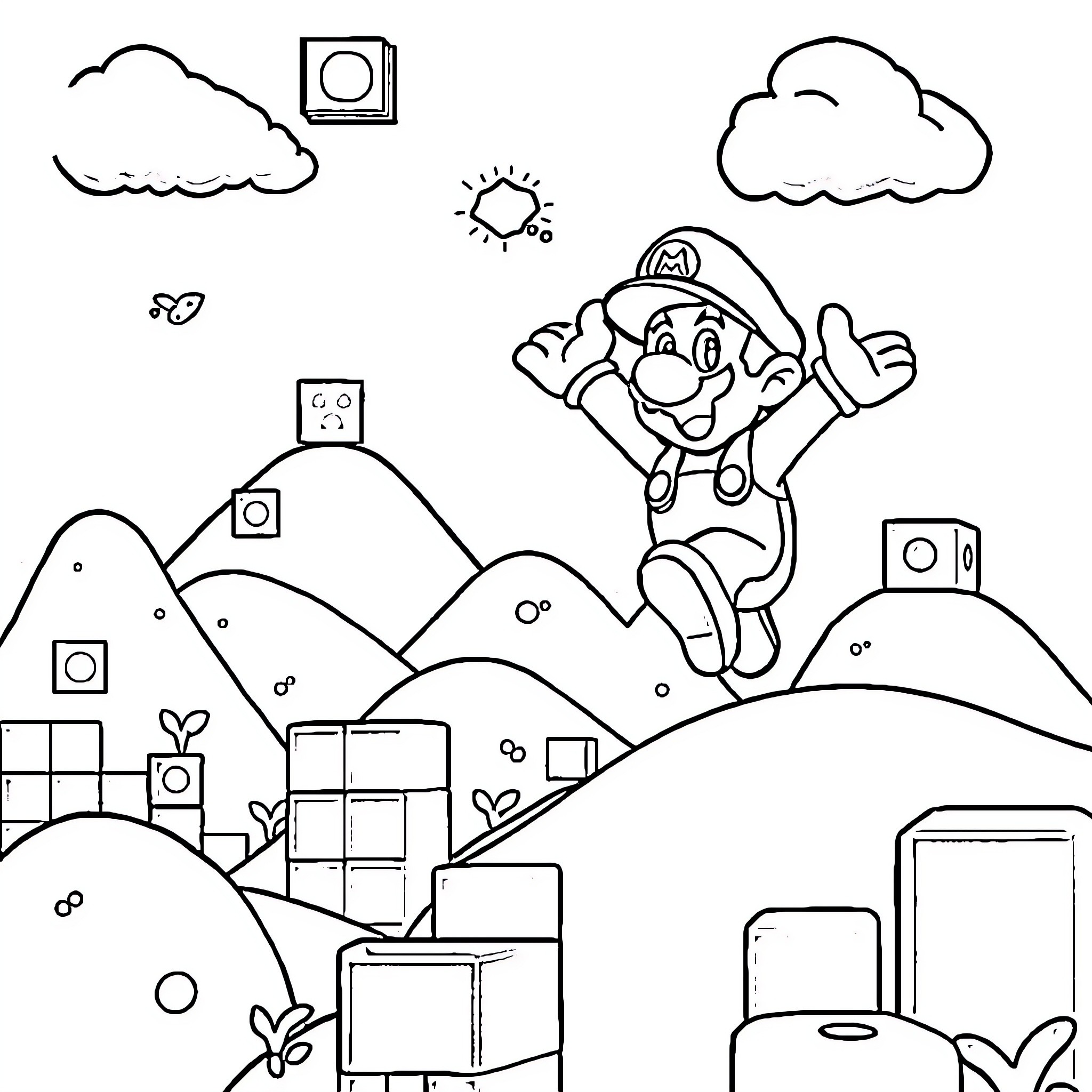 Super Mario Leaping with Joy in the Landscape Coloring Page (free black-and-white line drawing printable PDF for all, from beginners to advanced learners, including children, teens, adults, and seniors)