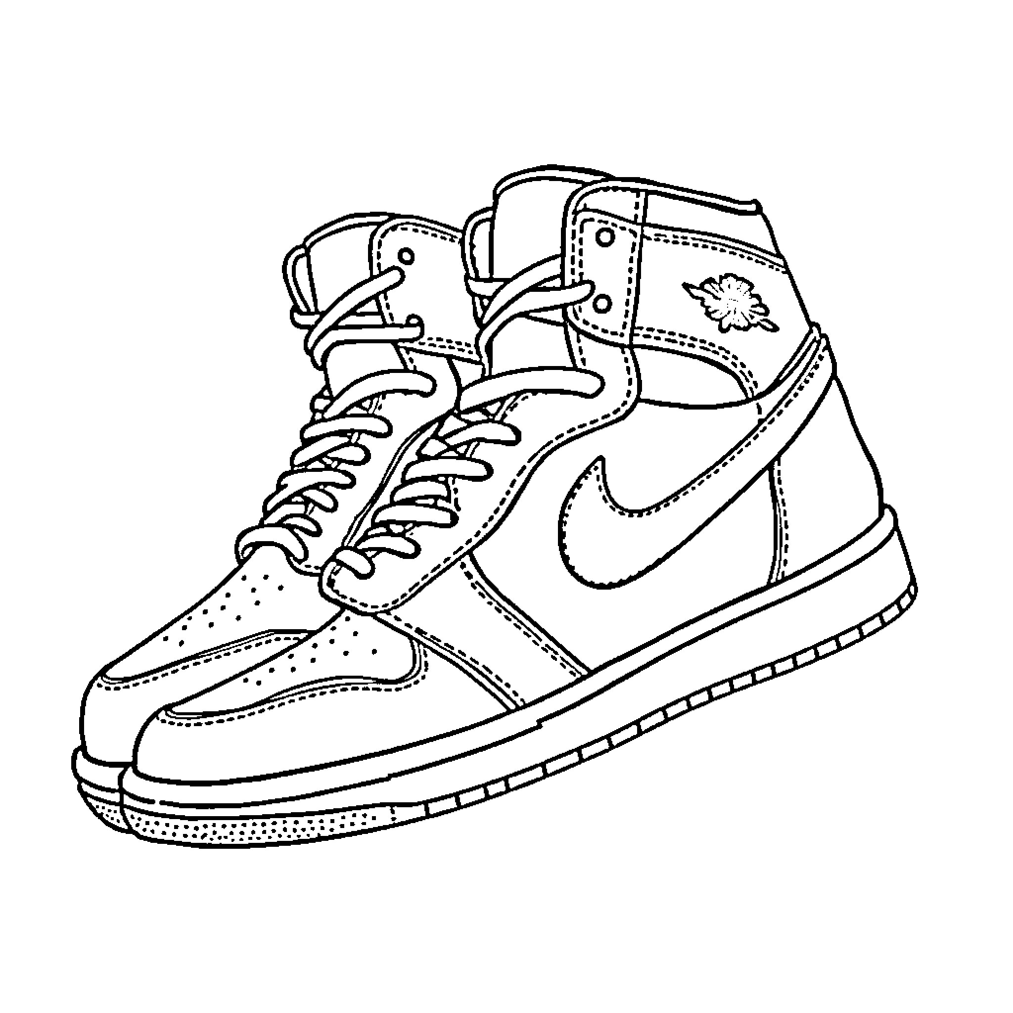 Jordan 1 High Sneaker Outline Coloring Page (free black-and-white line drawing printable PDF for all, from beginners to advanced learners, including children, teens, adults, and seniors)