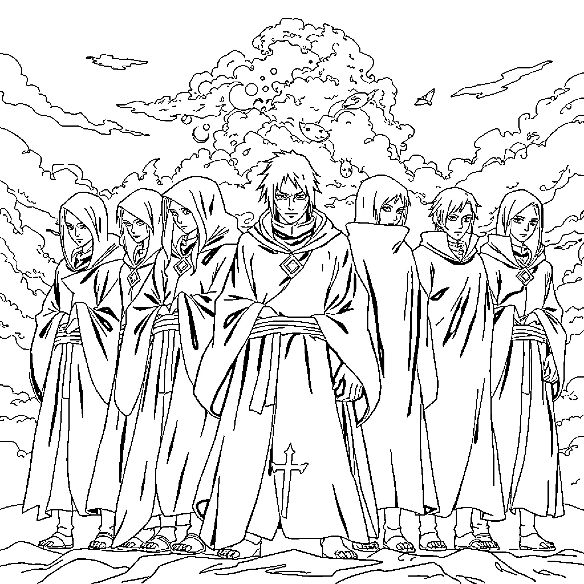 Akatsuki Members Gathered in Cloudy Landscape Coloring Page (free black-and-white line drawing printable PDF for all, from beginners to advanced learners, including children, teens, adults, and seniors)