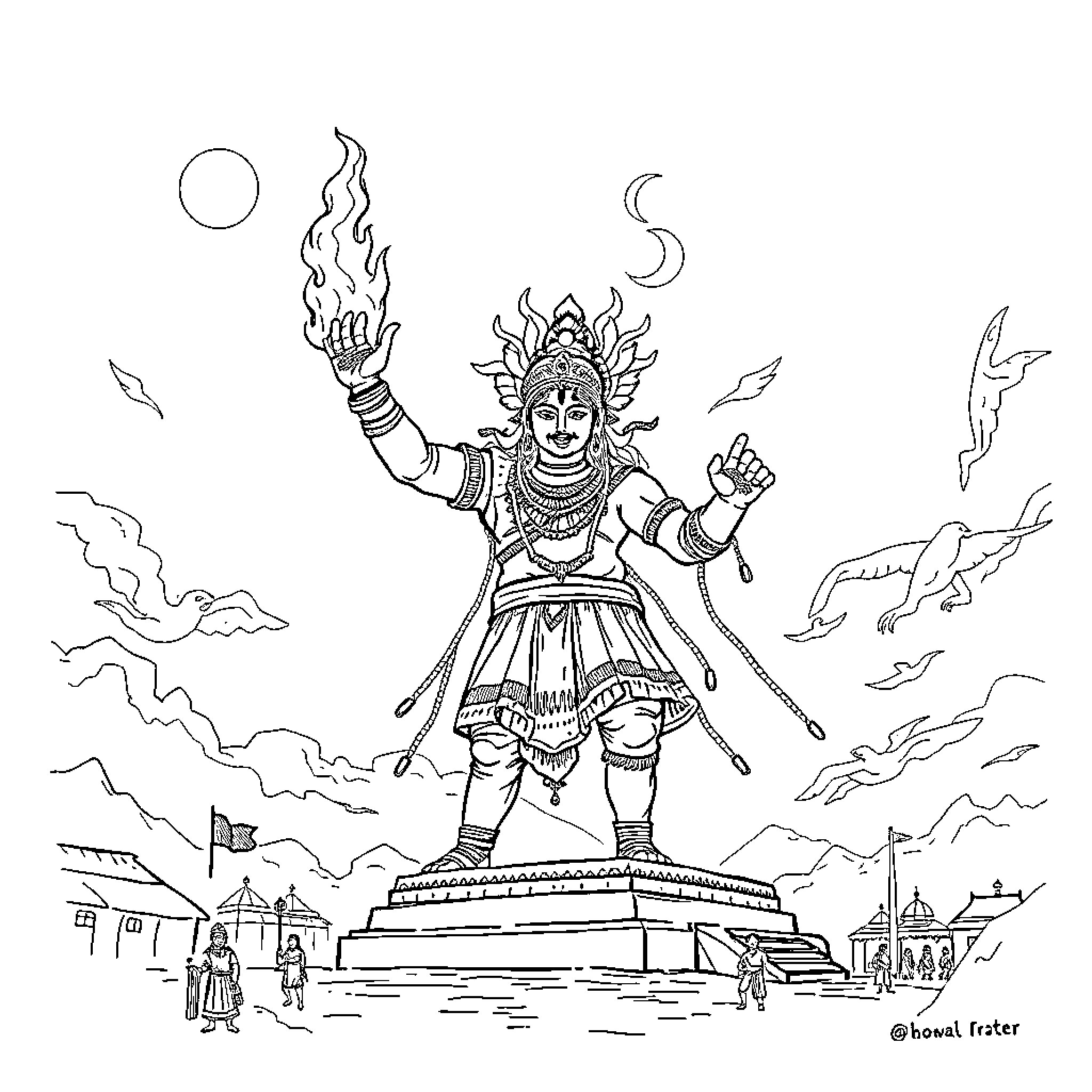 Raavan wielding fiery powers in a mystical landscape Coloring Page (free black-and-white line drawing printable PDF for all, from beginners to advanced learners, including children, teens, adults, and seniors)