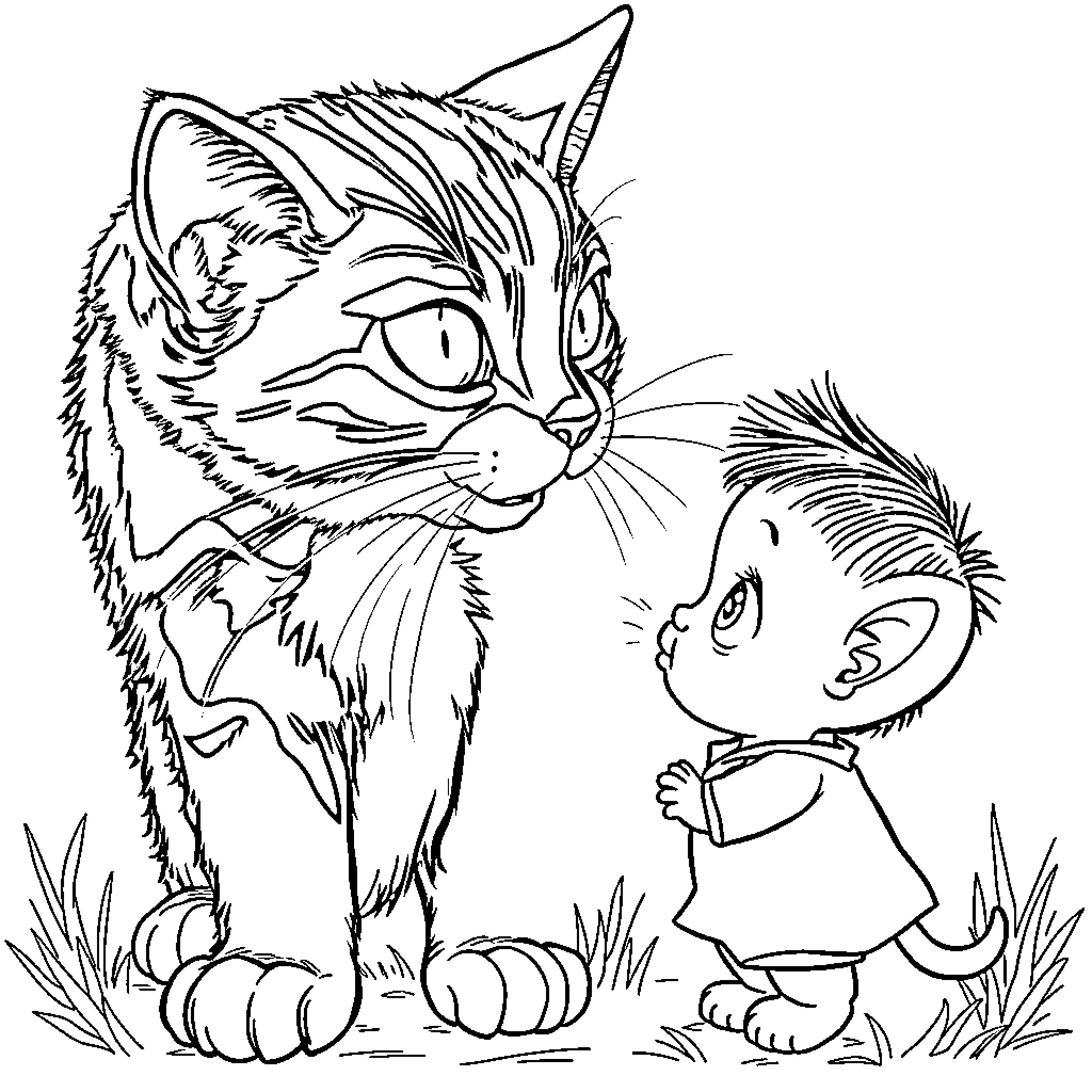 Cat and child interacting in nature Coloring Page (free black-and-white line drawing printable PDF for all, from beginners to advanced learners, including children, teens, adults, and seniors)