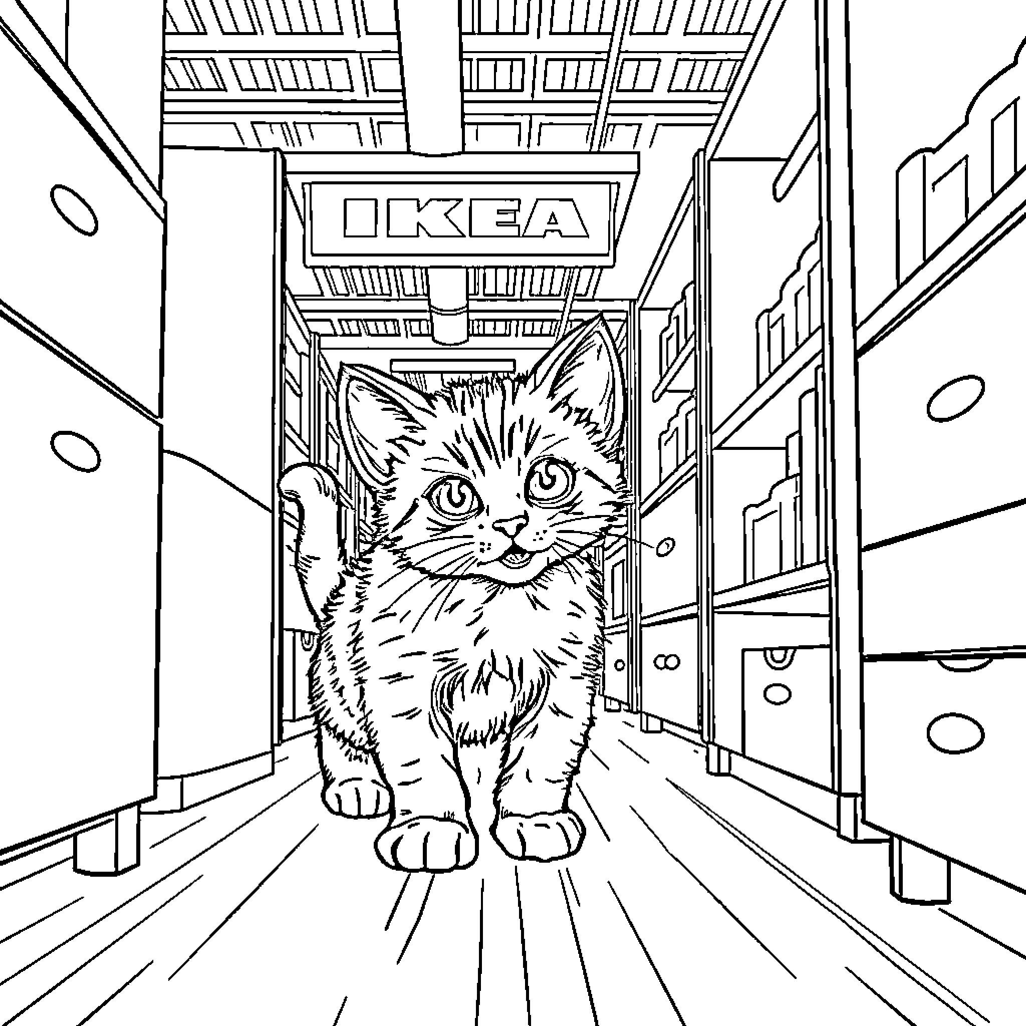 Kitten explores IKEA store Coloring Page (free black-and-white line drawing printable PDF for all, from beginners to advanced learners, including children, teens, adults, and seniors)