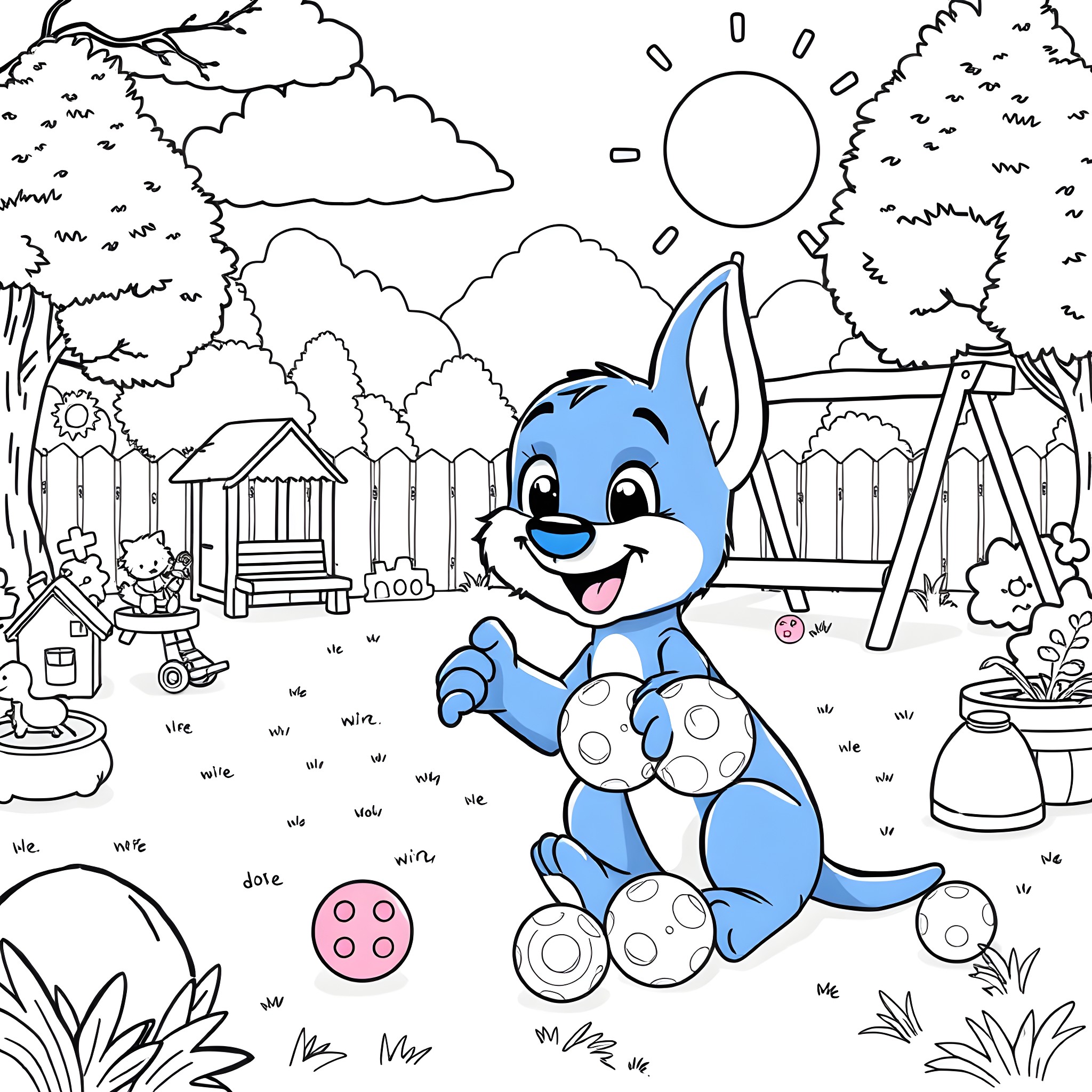 Bluey's Playful Adventure in the Backyard Coloring Page (free black-and-white line drawing printable PDF for all, from beginners to advanced learners, including children, teens, adults, and seniors)