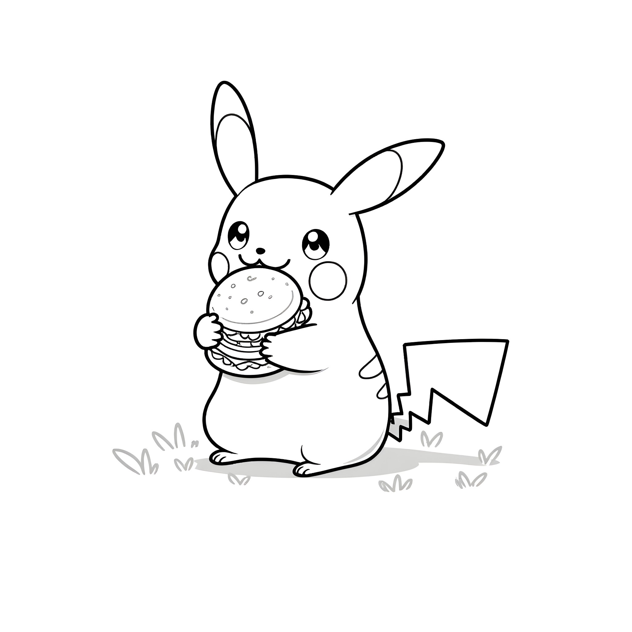 Pikachu enjoying a delicious burger Coloring Page (free black-and-white line drawing printable PDF for all, from beginners to advanced learners, including children, teens, adults, and seniors)