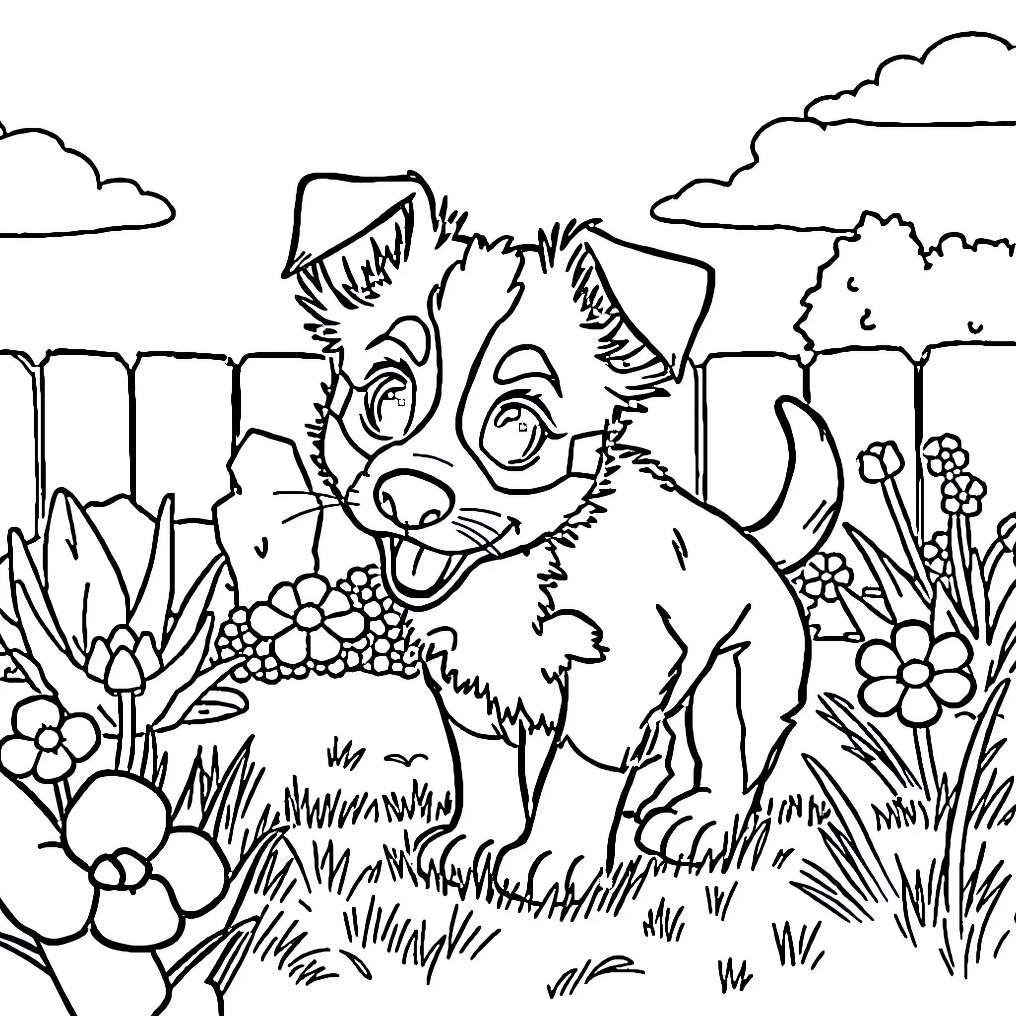 Bluey Exploring the Lush Outdoor Garden Coloring Page (free black-and-white line drawing printable PDF for all, from beginners to advanced learners, including children, teens, adults, and seniors)