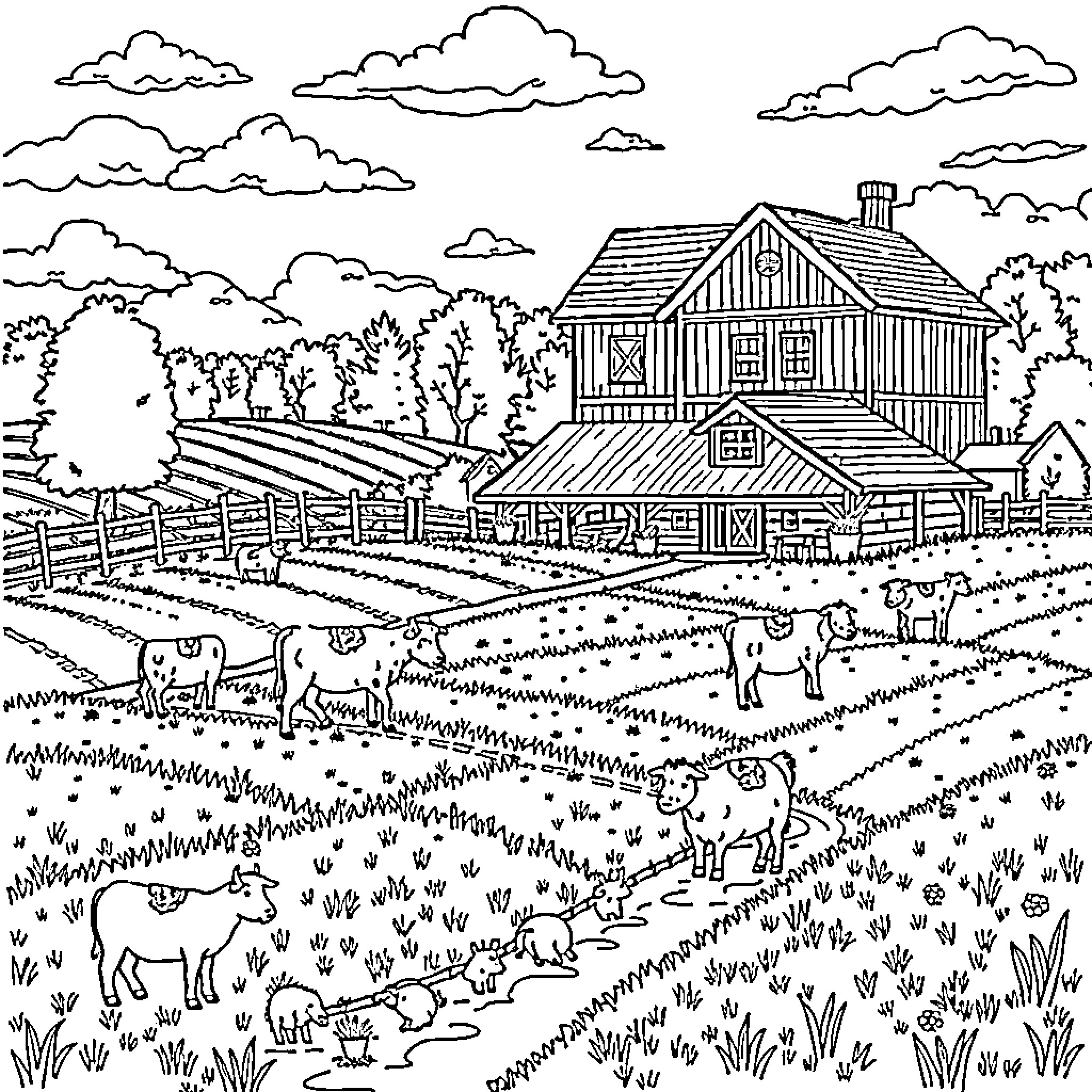 Farm with animals and rustic house in scenic countryside Coloring Page (free black-and-white line drawing printable PDF for all, from beginners to advanced learners, including children, teens, adults, and seniors)