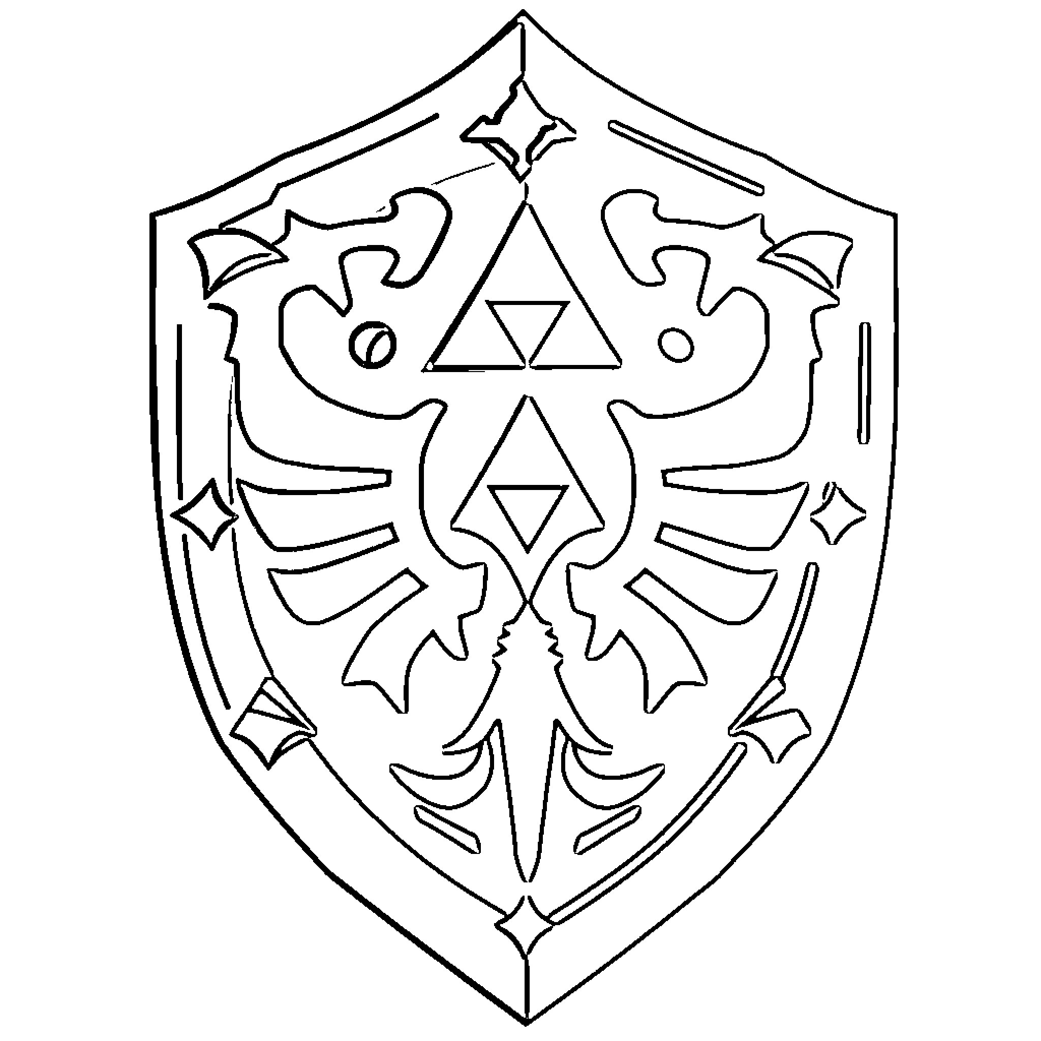 Link's Shield with Symbols and Shapes Coloring Page (free black-and-white line drawing printable PDF for all, from beginners to advanced learners, including children, teens, adults, and seniors)