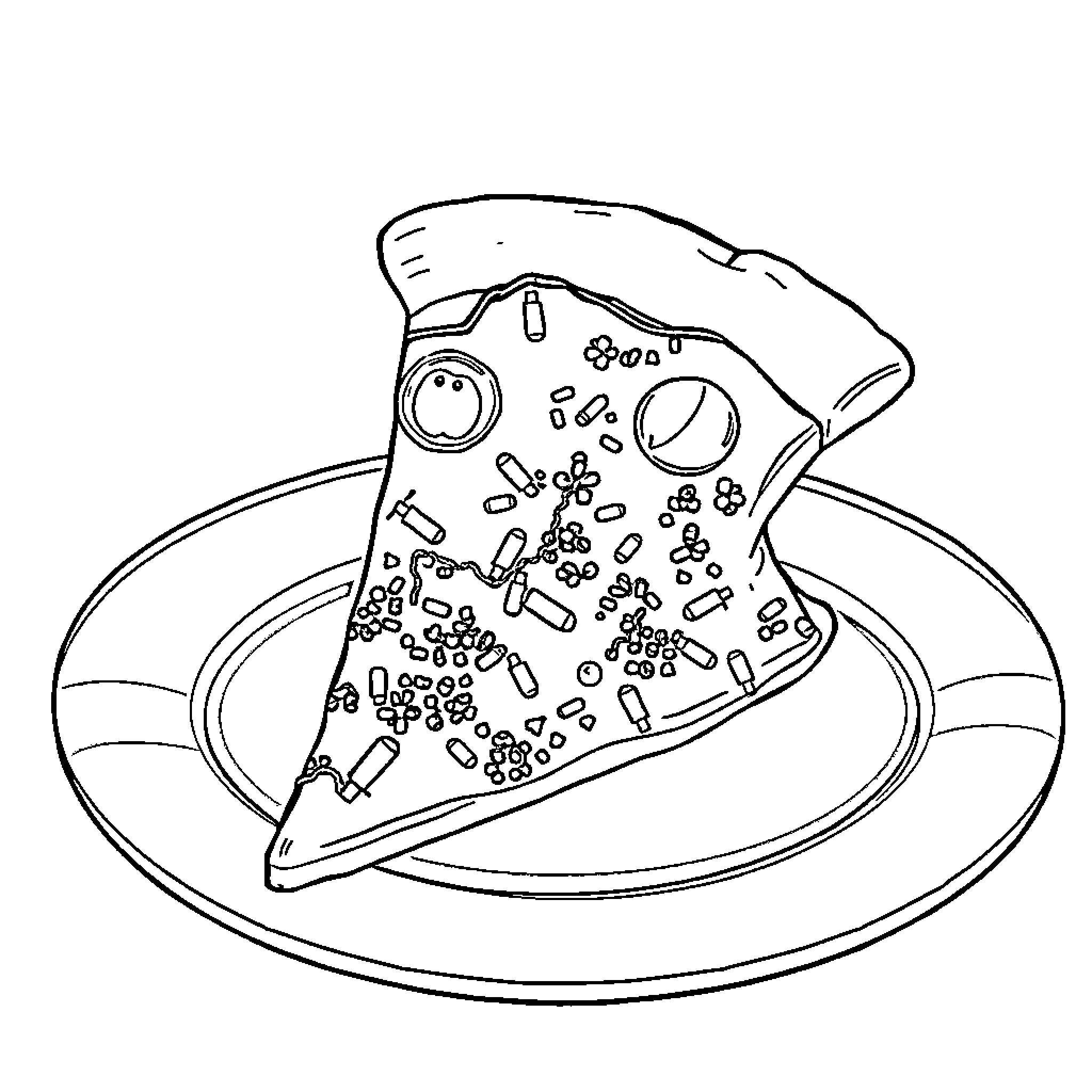 Pizza with toppings and decorations Coloring Page (free black-and-white line drawing printable PDF for all, from beginners to advanced learners, including children, teens, adults, and seniors)