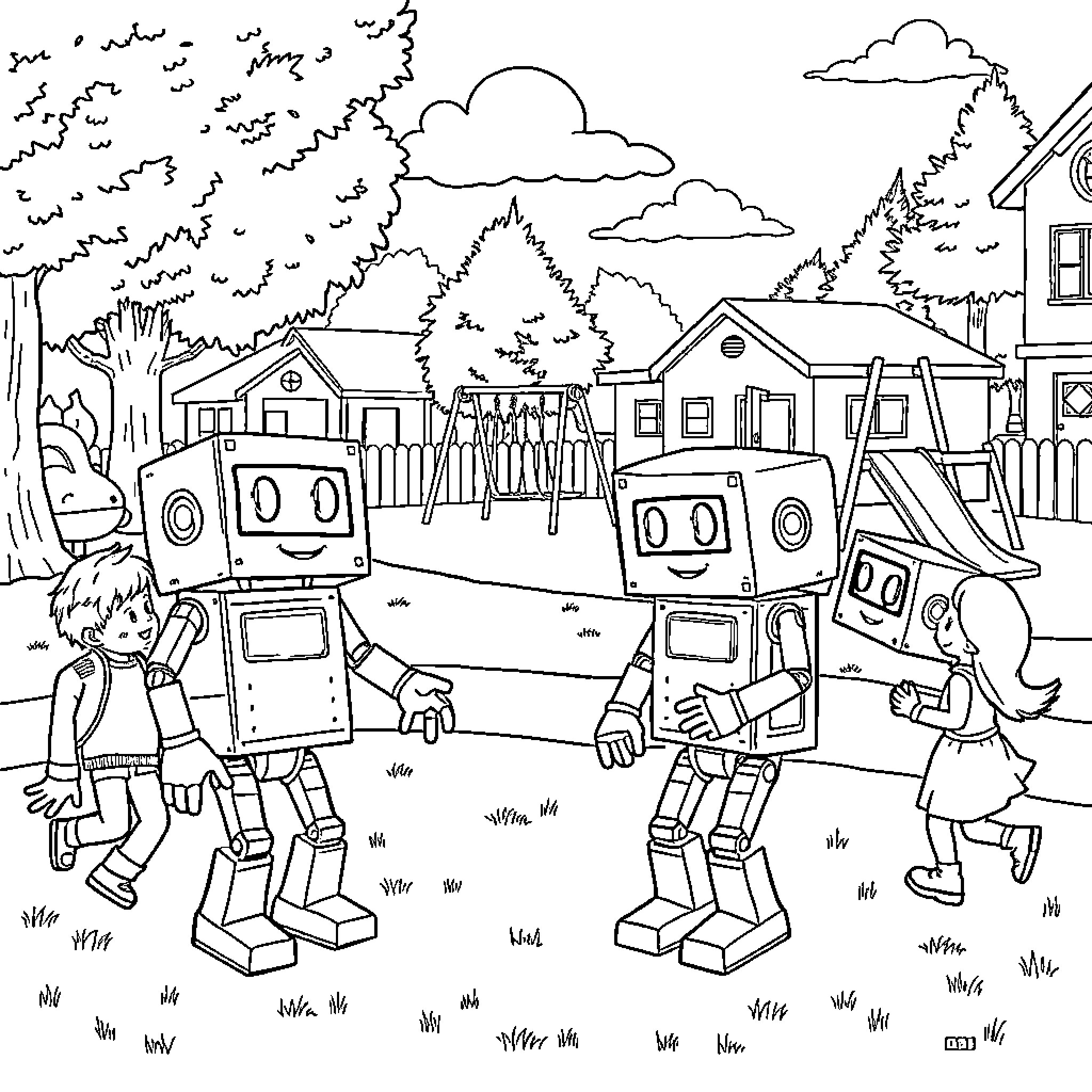 Robot Companions Explore the Neighborhood Coloring Page (free black-and-white line drawing printable PDF for all, from beginners to advanced learners, including children, teens, adults, and seniors)