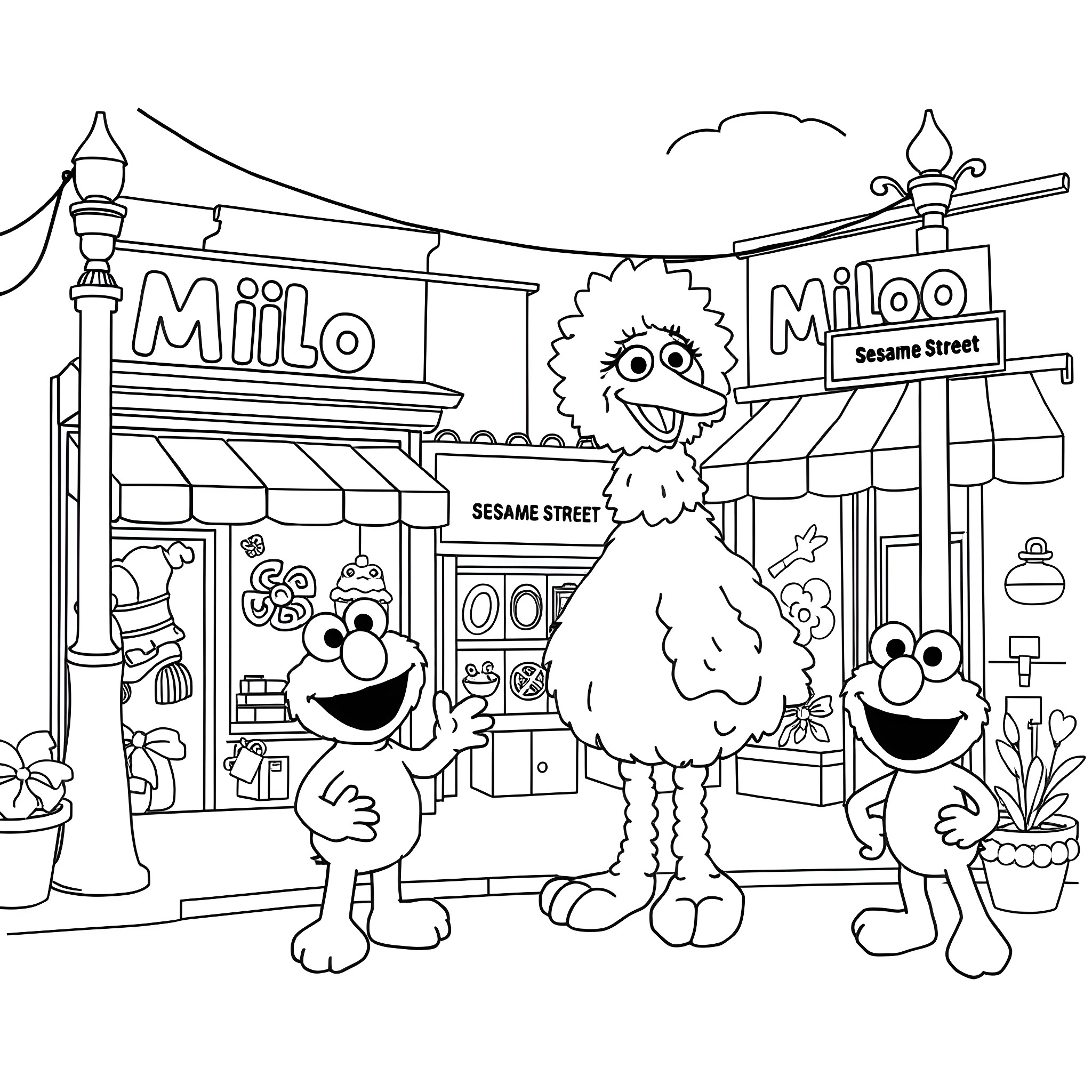 Sesame Street characters exploring the neighborhood Coloring Page (free black-and-white line drawing printable PDF for all, from beginners to advanced learners, including children, teens, adults, and seniors)