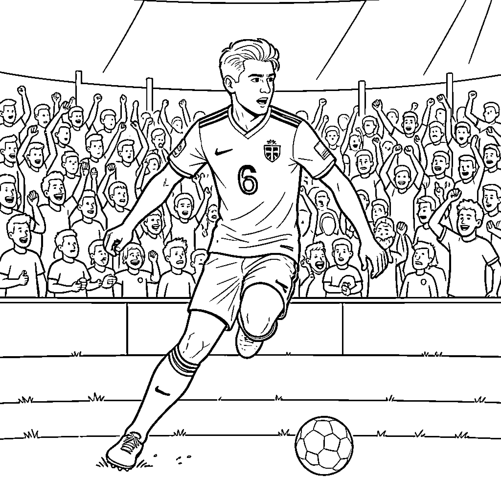 Alexander Isak dribbling a soccer ball during a match Coloring Page (free black-and-white line drawing printable PDF for all, from beginners to advanced learners, including children, teens, adults, and seniors)
