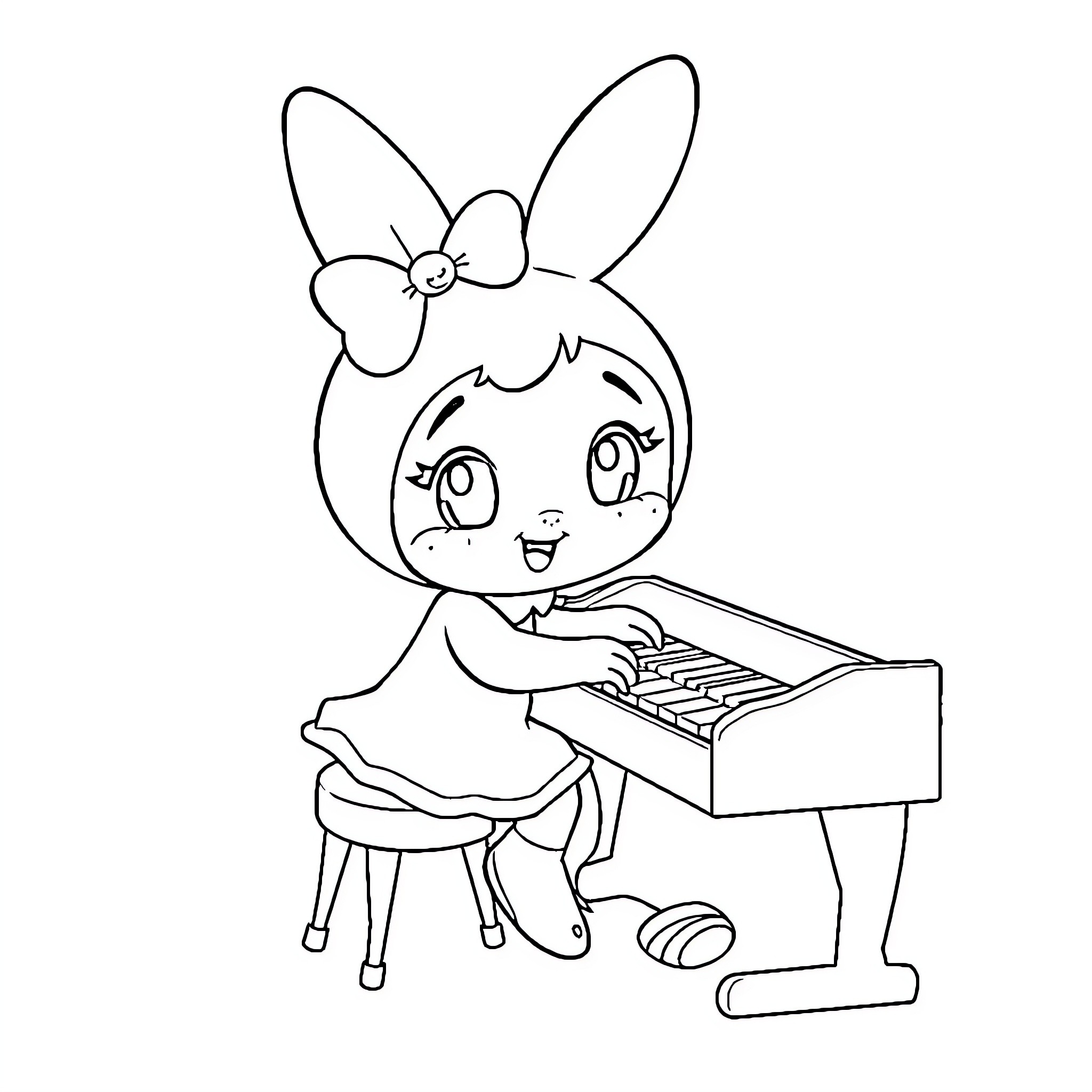 My Melody Playing the Piano Happily Coloring Page (free black-and-white line drawing printable PDF for all, from beginners to advanced learners, including children, teens, adults, and seniors)