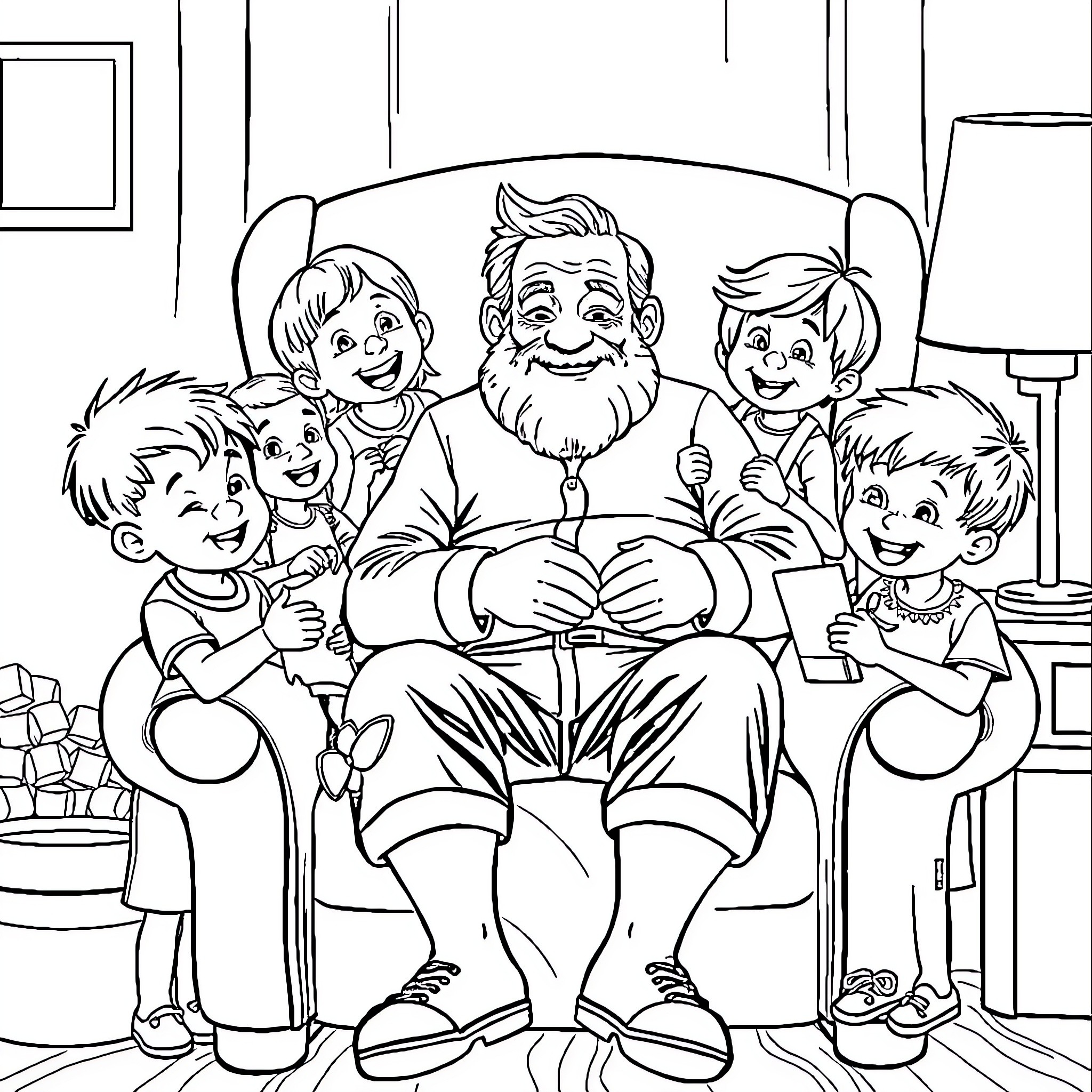Grandpa surrounded by a happy family in the living room Coloring Page (free black-and-white line drawing printable PDF for all, from beginners to advanced learners, including children, teens, adults, and seniors)