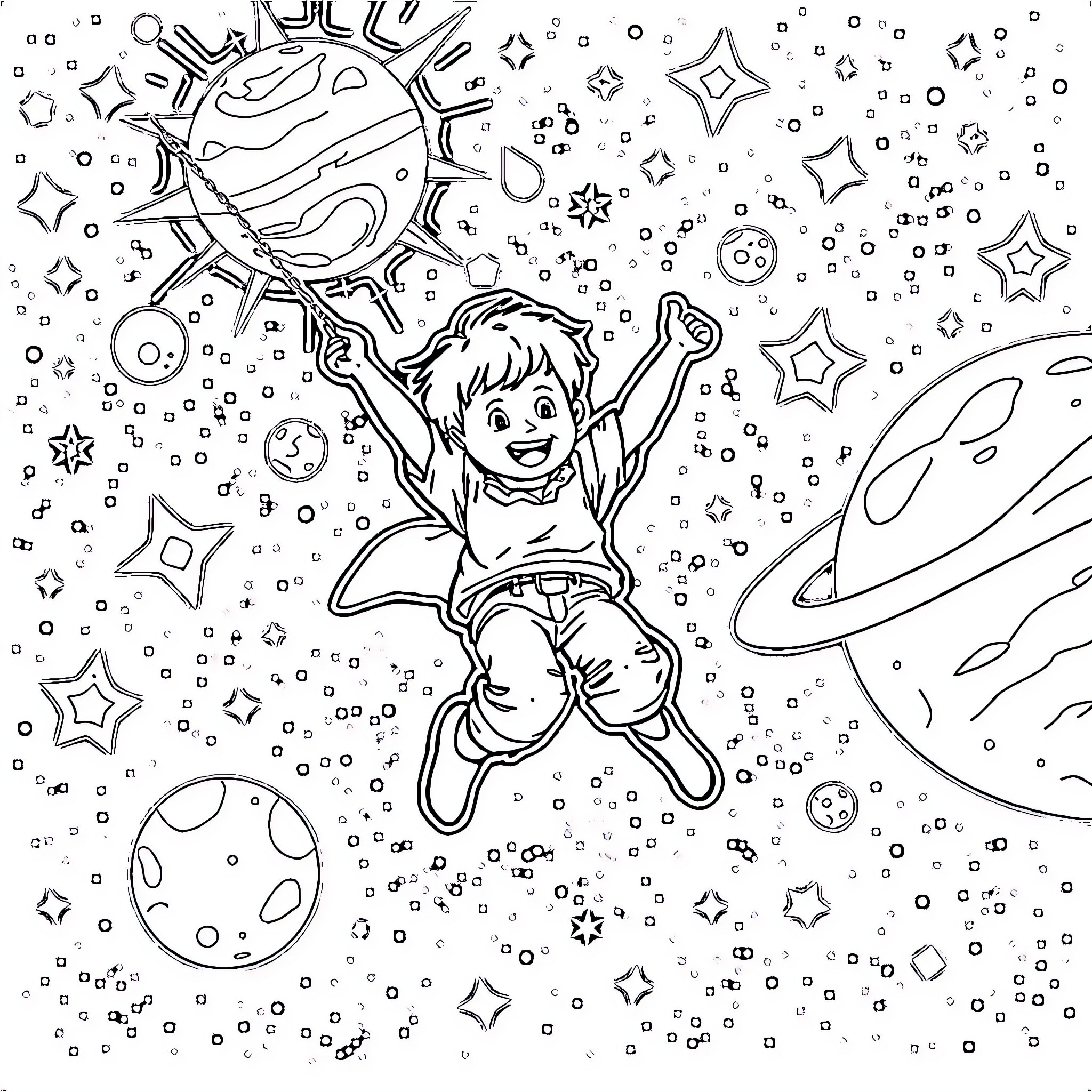 Boy joyfully floating among stars and planets Coloring Page (free black-and-white line drawing printable PDF for all, from beginners to advanced learners, including children, teens, adults, and seniors)