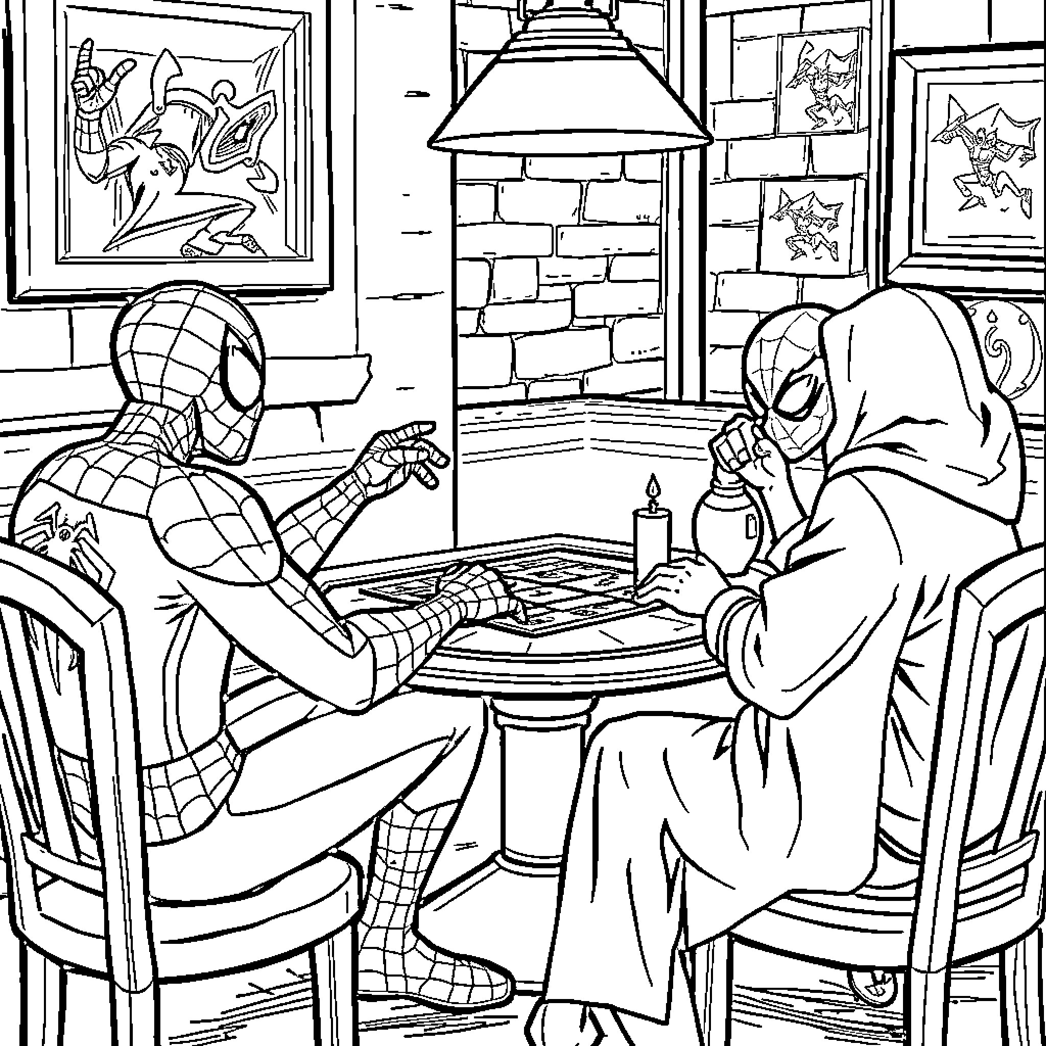 Spiderman having a conversation with a mysterious figure Coloring Page (free black-and-white line drawing printable PDF for all, from beginners to advanced learners, including children, teens, adults, and seniors)
