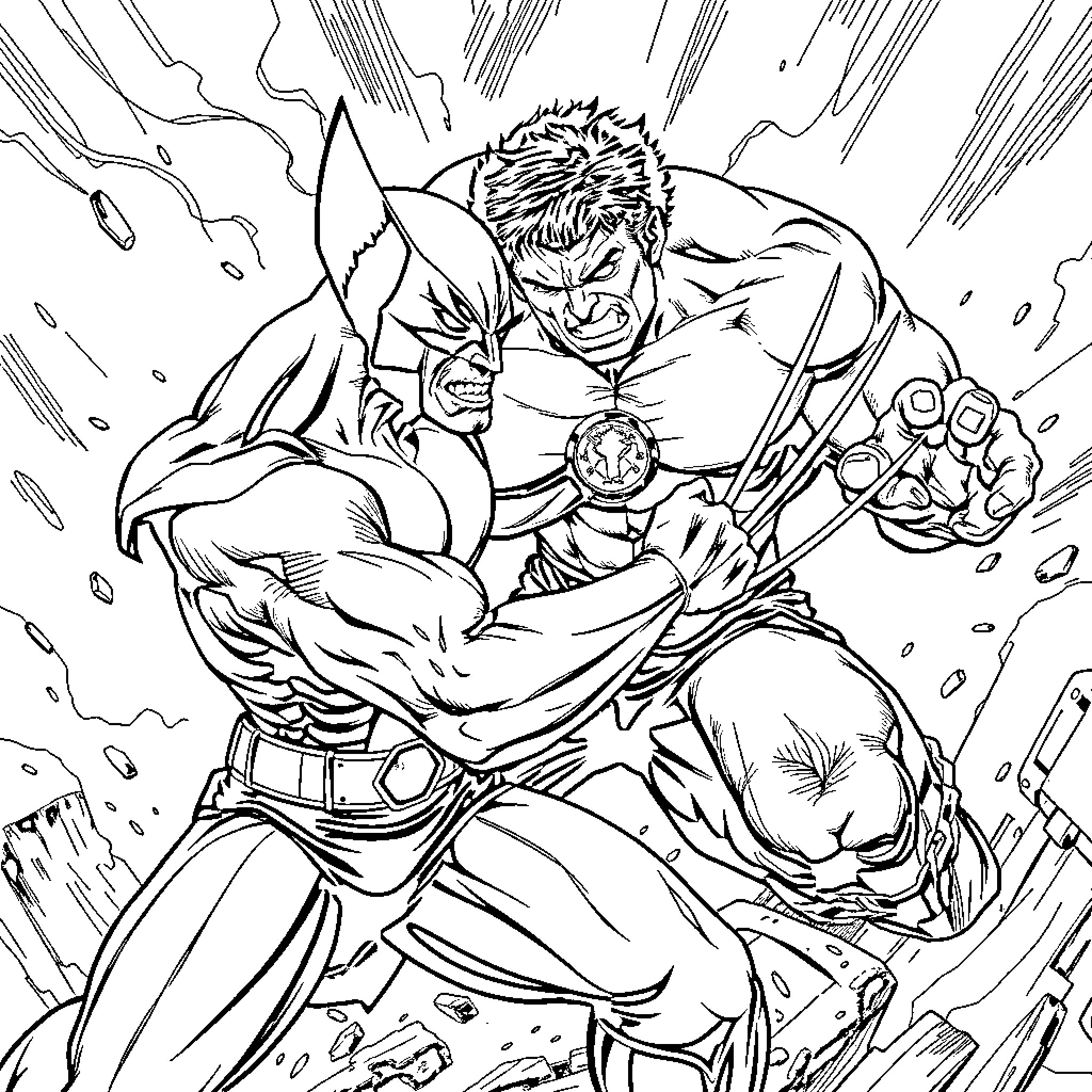 Wolverine Clashing in Epic Battle Coloring Page (free black-and-white line drawing printable PDF for all, from beginners to advanced learners, including children, teens, adults, and seniors)