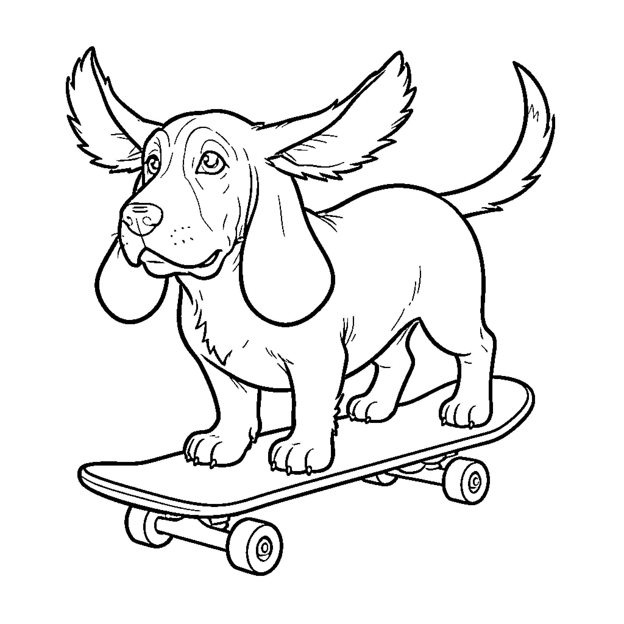 Basset hound standing confidently on a skateboard Coloring Page (free black-and-white line drawing printable PDF for all, from beginners to advanced learners, including children, teens, adults, and seniors)