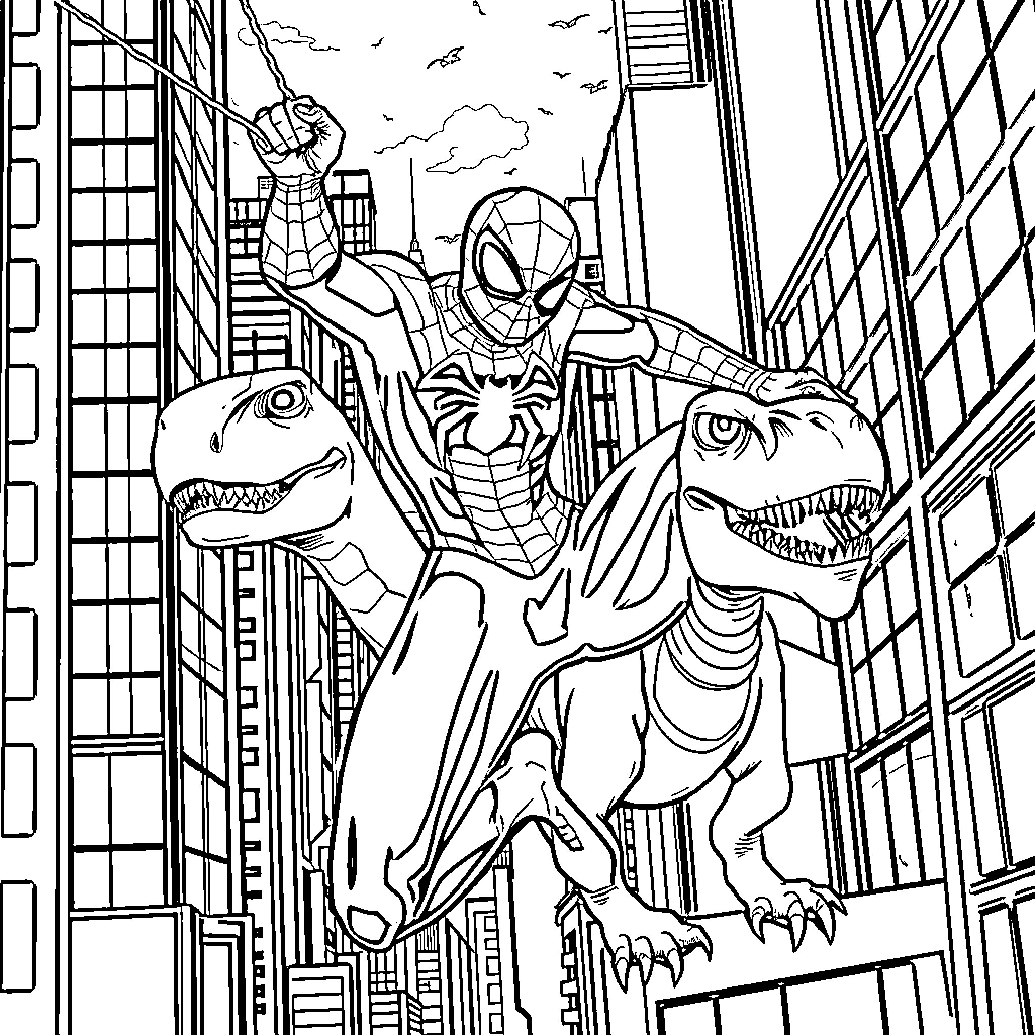 Spiderman swinging with dinosaurs in the city Coloring Page (free black-and-white line drawing printable PDF for all, from beginners to advanced learners, including children, teens, adults, and seniors)