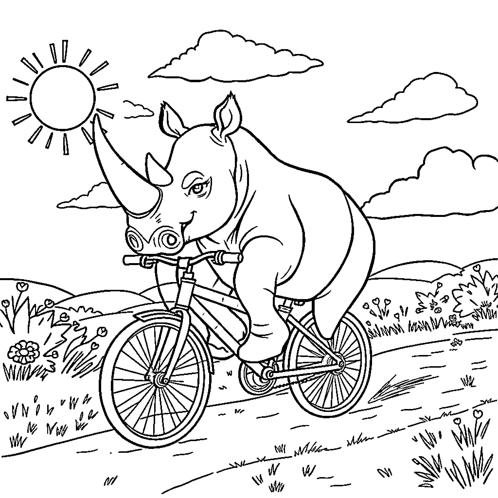 Rhino riding bicycle through countryside landscape Coloring Page (free black-and-white line drawing printable PDF for all, from beginners to advanced learners, including children, teens, adults, and seniors)