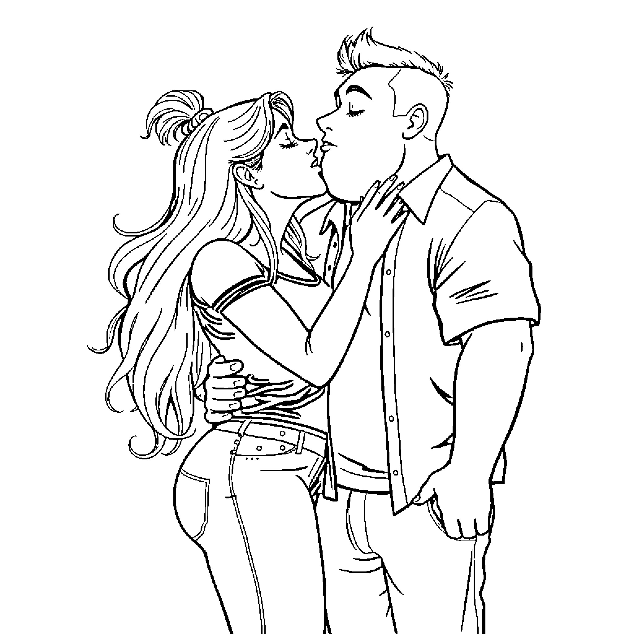 Adult Romantic Couple Embracing Passionately Coloring Page (free black-and-white line drawing printable PDF for all, from beginners to advanced learners, including children, teens, adults, and seniors)