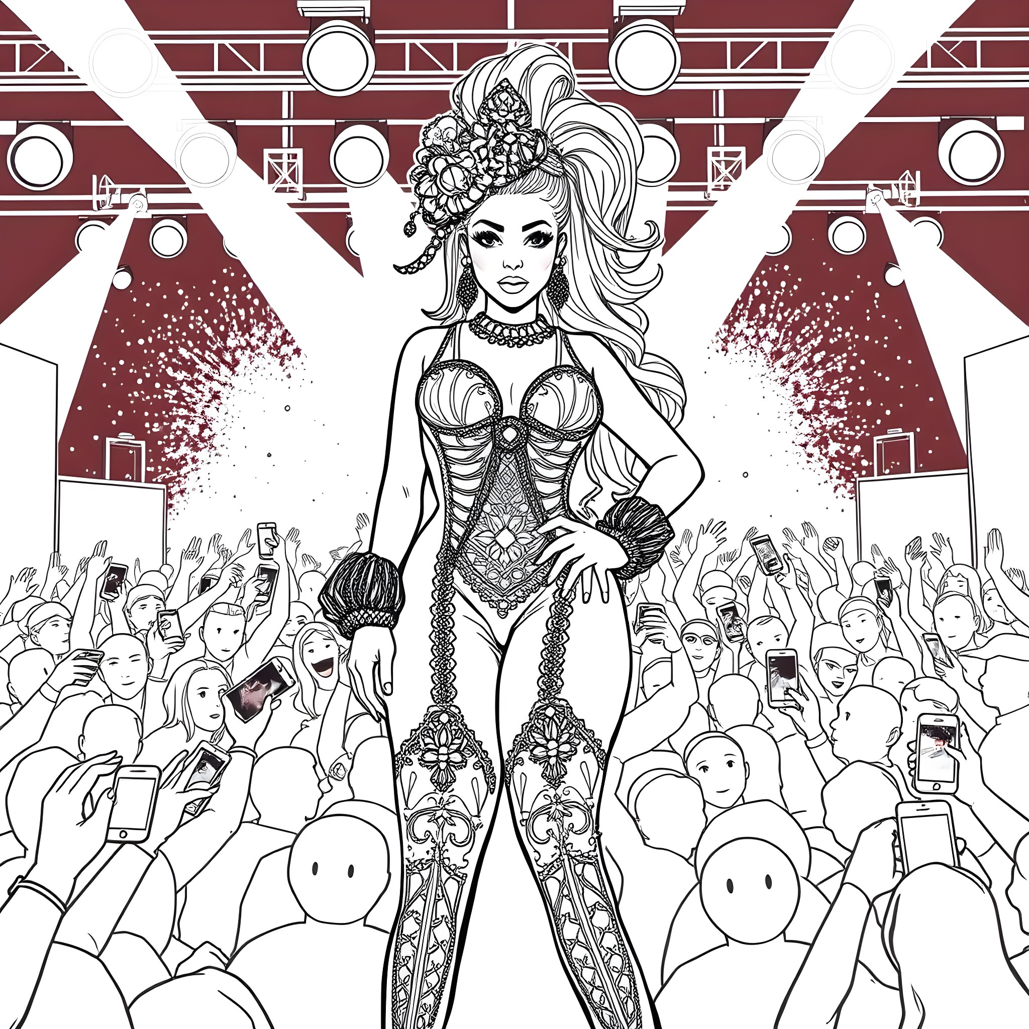 Nicki Minaj's Electrifying Performance Coloring Page (free black-and-white line drawing printable PDF for all, from beginners to advanced learners, including children, teens, adults, and seniors)