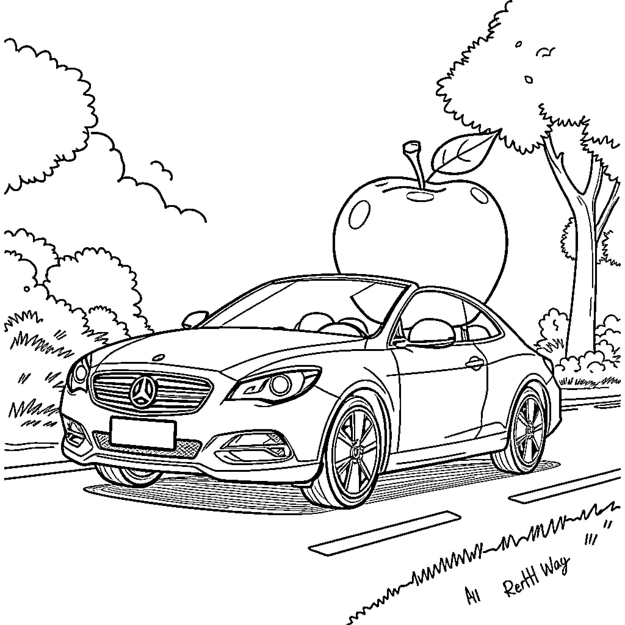 Car driving on a scenic road Coloring Page (free black-and-white line drawing printable PDF for all, from beginners to advanced learners, including children, teens, adults, and seniors)