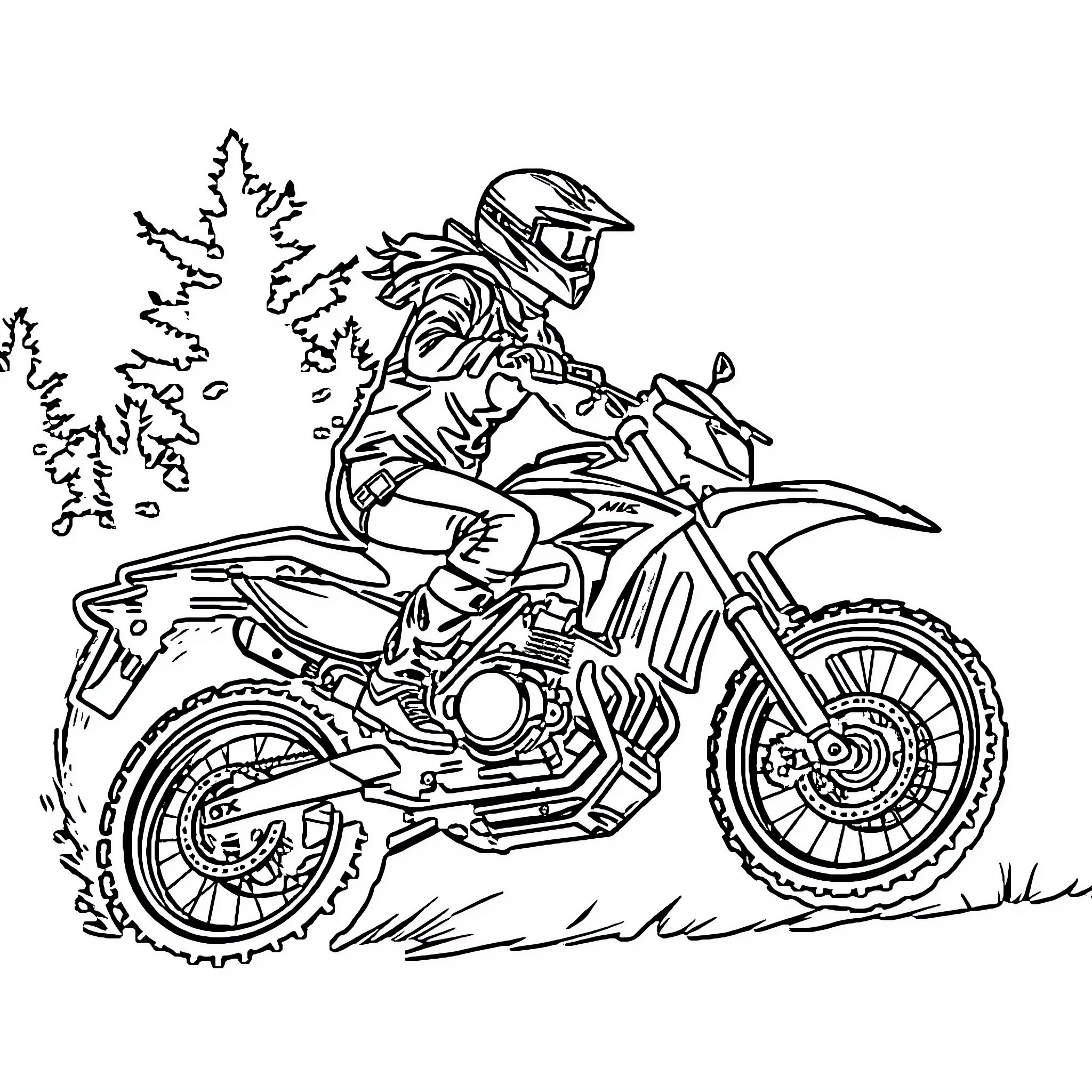Moto rider navigating off-road terrain Coloring Page (free black-and-white line drawing printable PDF for all, from beginners to advanced learners, including children, teens, adults, and seniors)