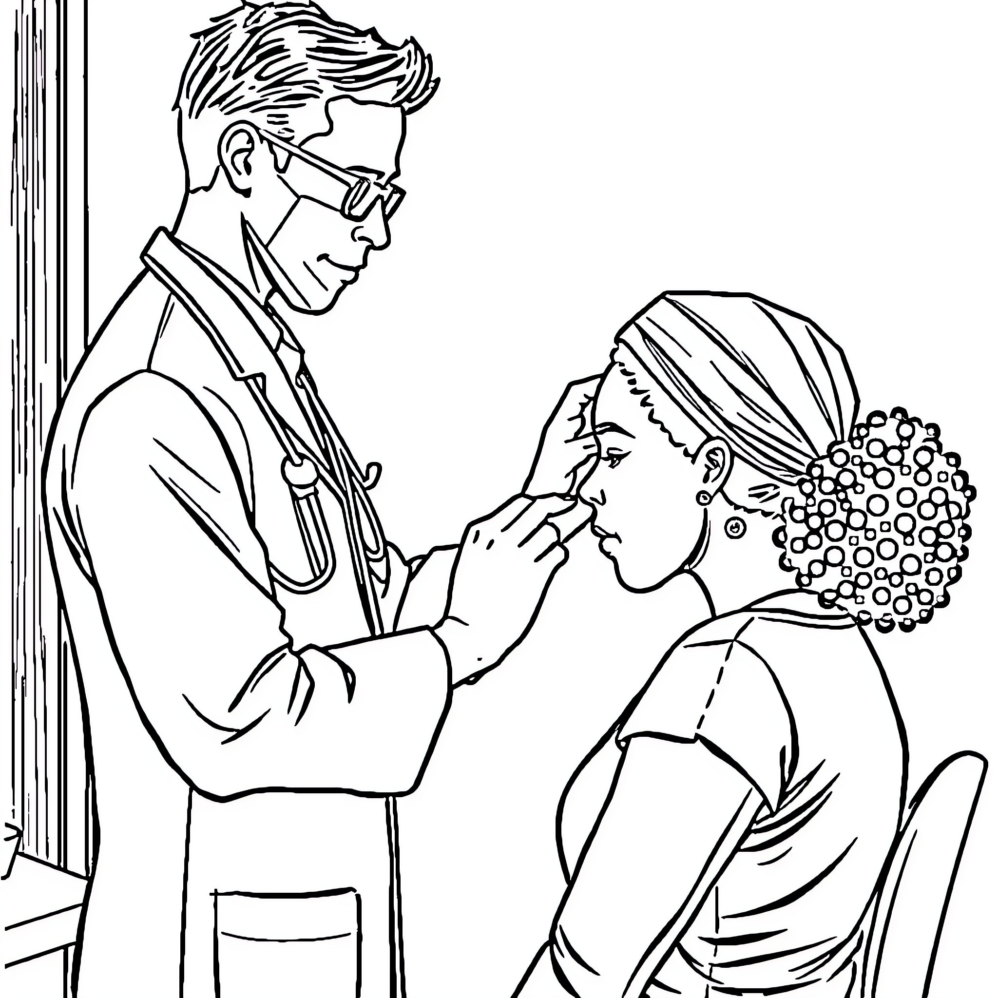 Doctor examining patient's throat with medical equipment Coloring Page (free black-and-white line drawing printable PDF for all, from beginners to advanced learners, including children, teens, adults, and seniors)