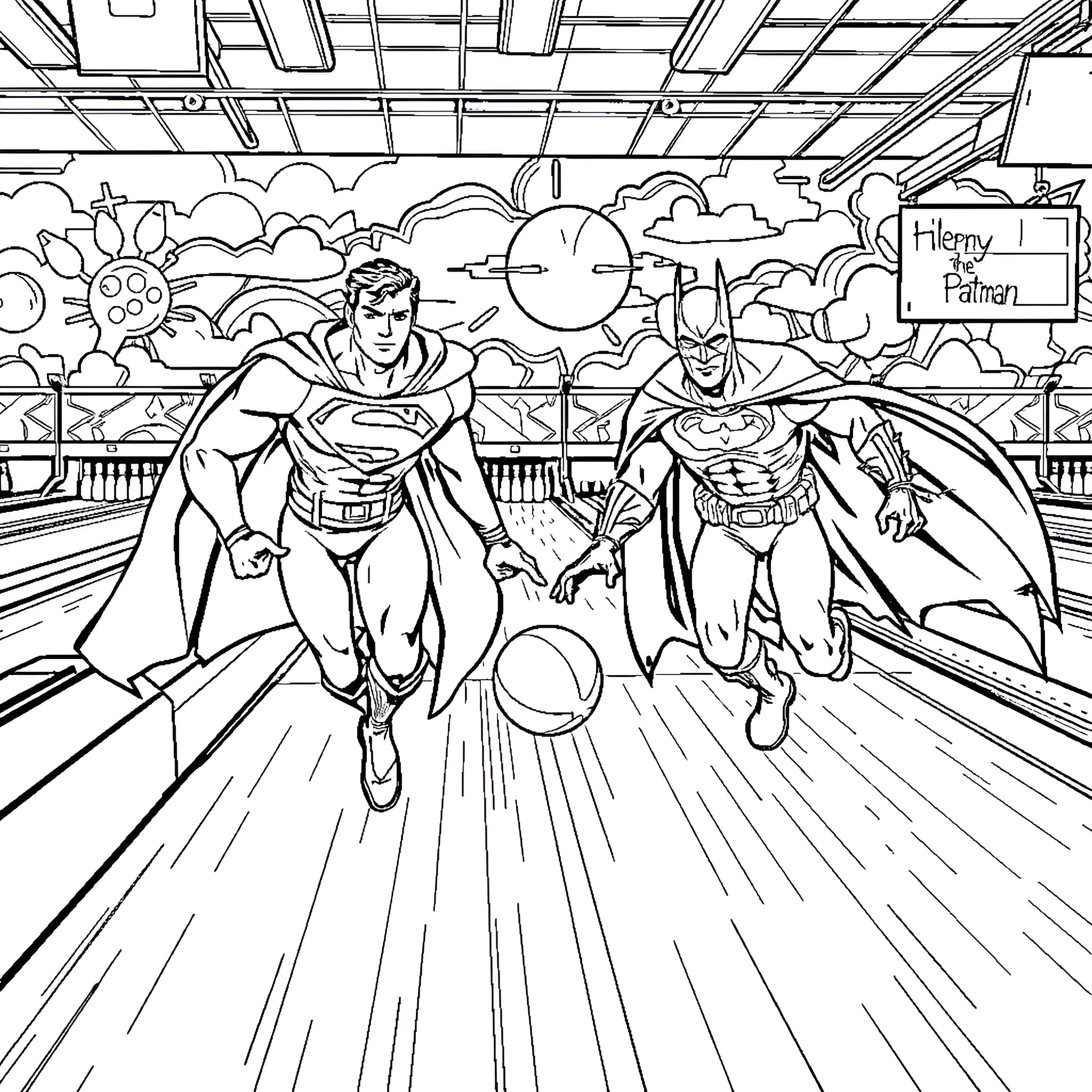 Superman and Batman fighting together in the city Coloring Page (free black-and-white line drawing printable PDF for all, from beginners to advanced learners, including children, teens, adults, and seniors)