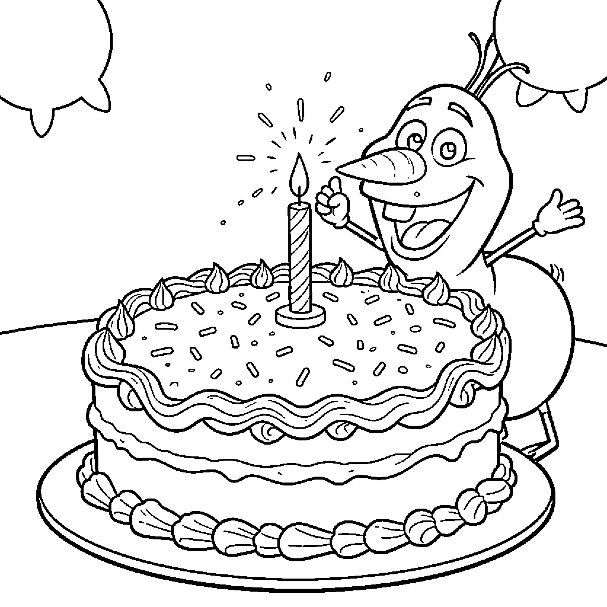 Olaf celebrating with a birthday cake Coloring Page (free black-and-white line drawing printable PDF for all, from beginners to advanced learners, including children, teens, adults, and seniors)