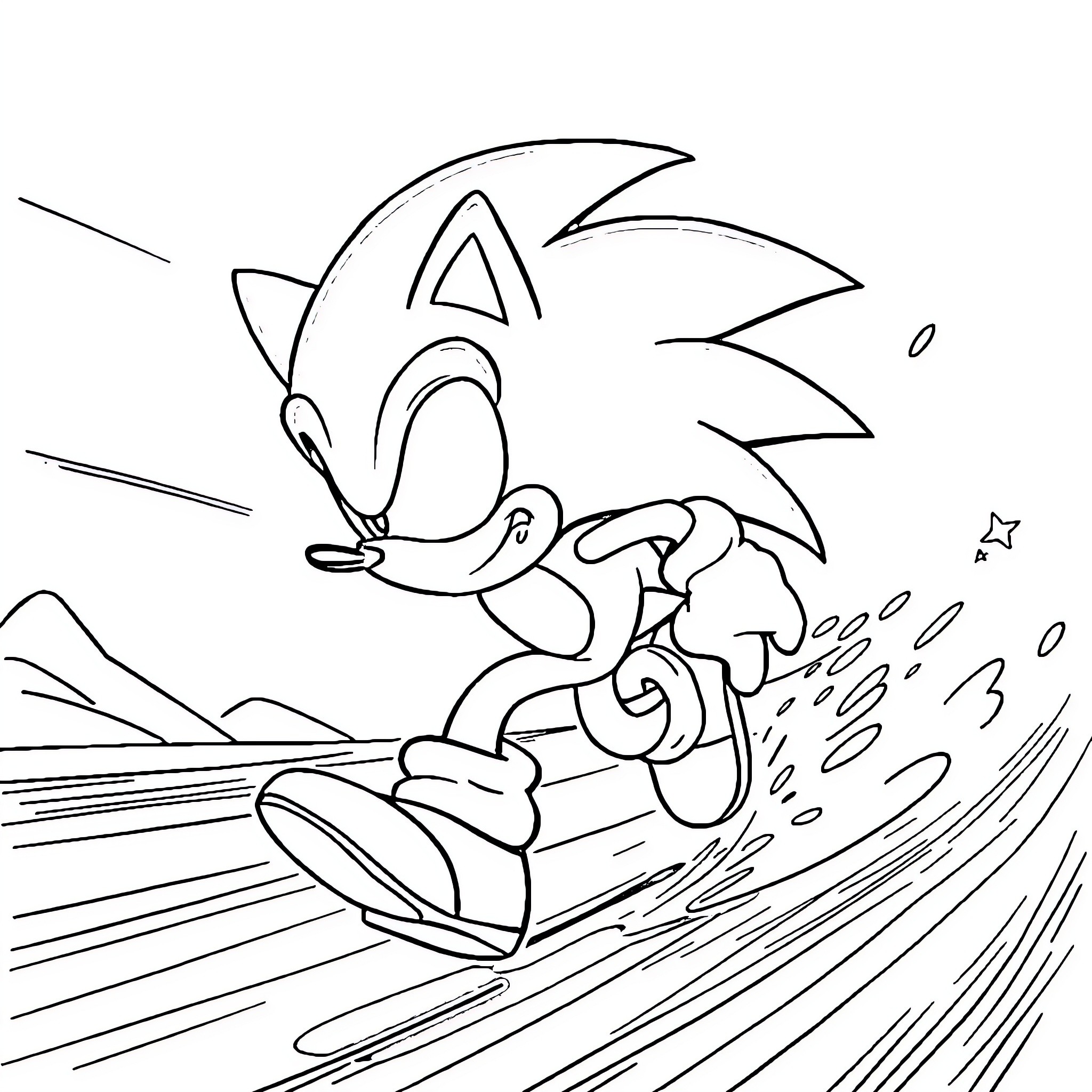 Sonic racing across the landscape Coloring Page (free black-and-white line drawing printable PDF for all, from beginners to advanced learners, including children, teens, adults, and seniors)