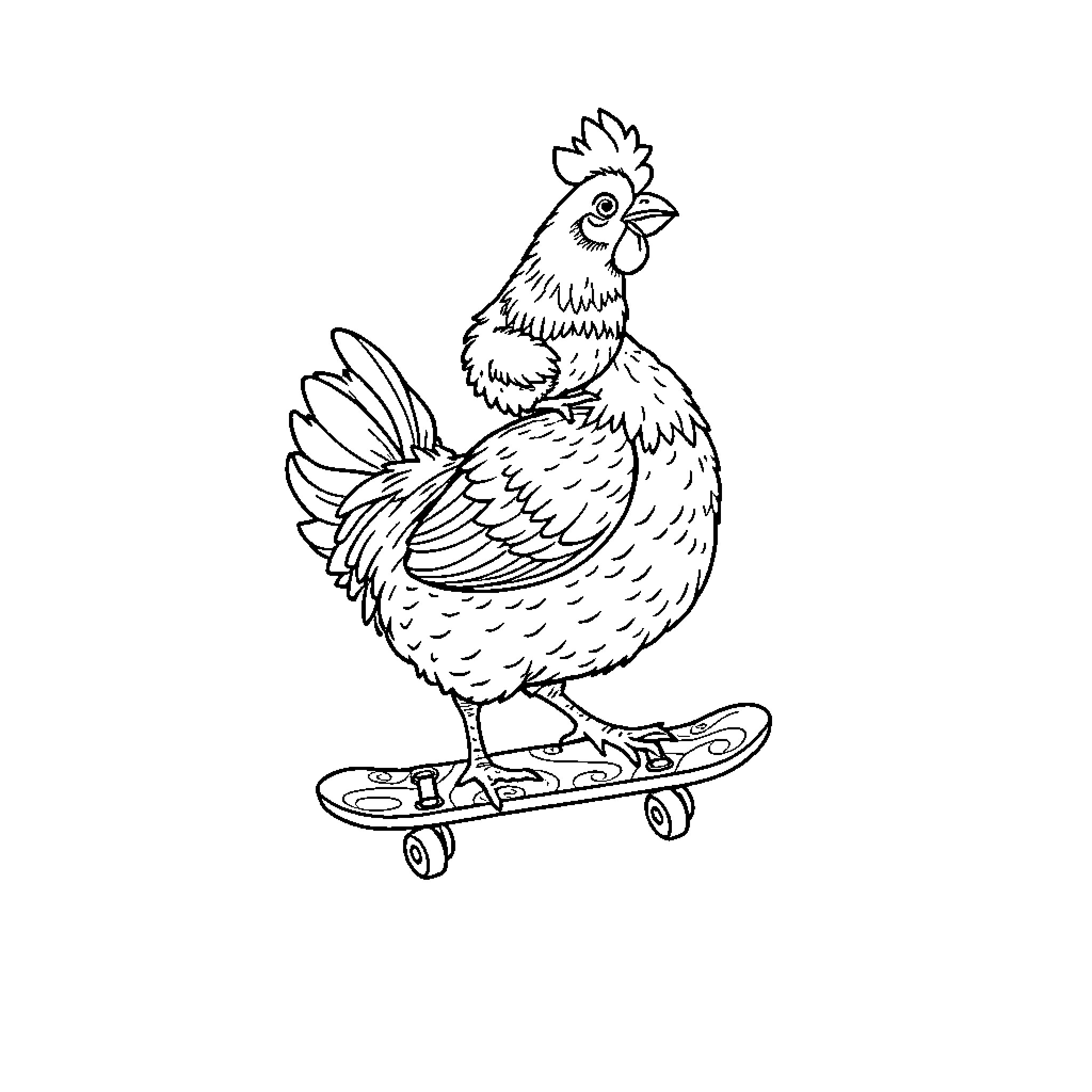 Chicken riding a skateboard Coloring Page (free black-and-white line drawing printable PDF for all, from beginners to advanced learners, including children, teens, adults, and seniors)