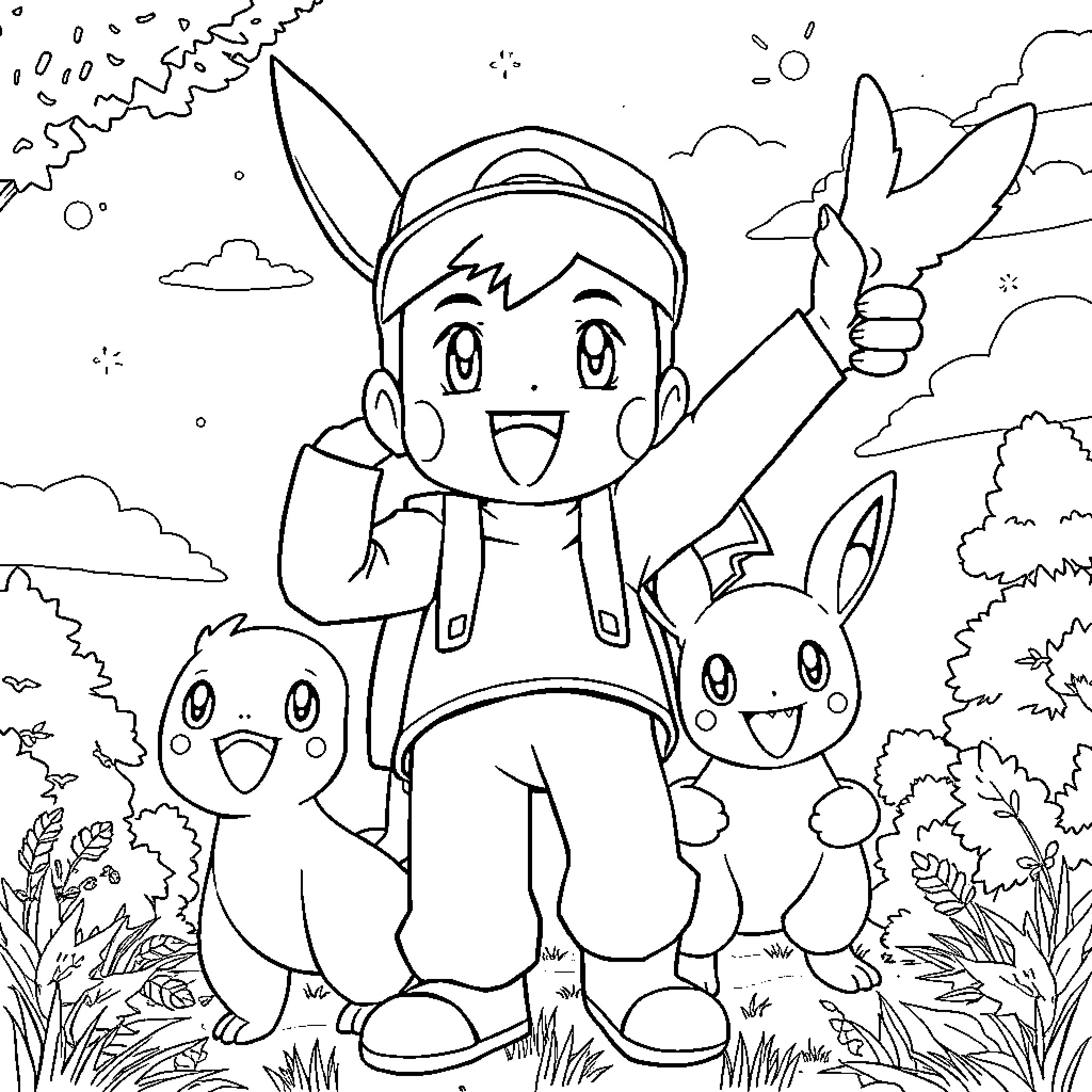 Ash Ketchum and his Pokemon companions on an adventure Coloring Page (free black-and-white line drawing printable PDF for all, from beginners to advanced learners, including children, teens, adults, and seniors)