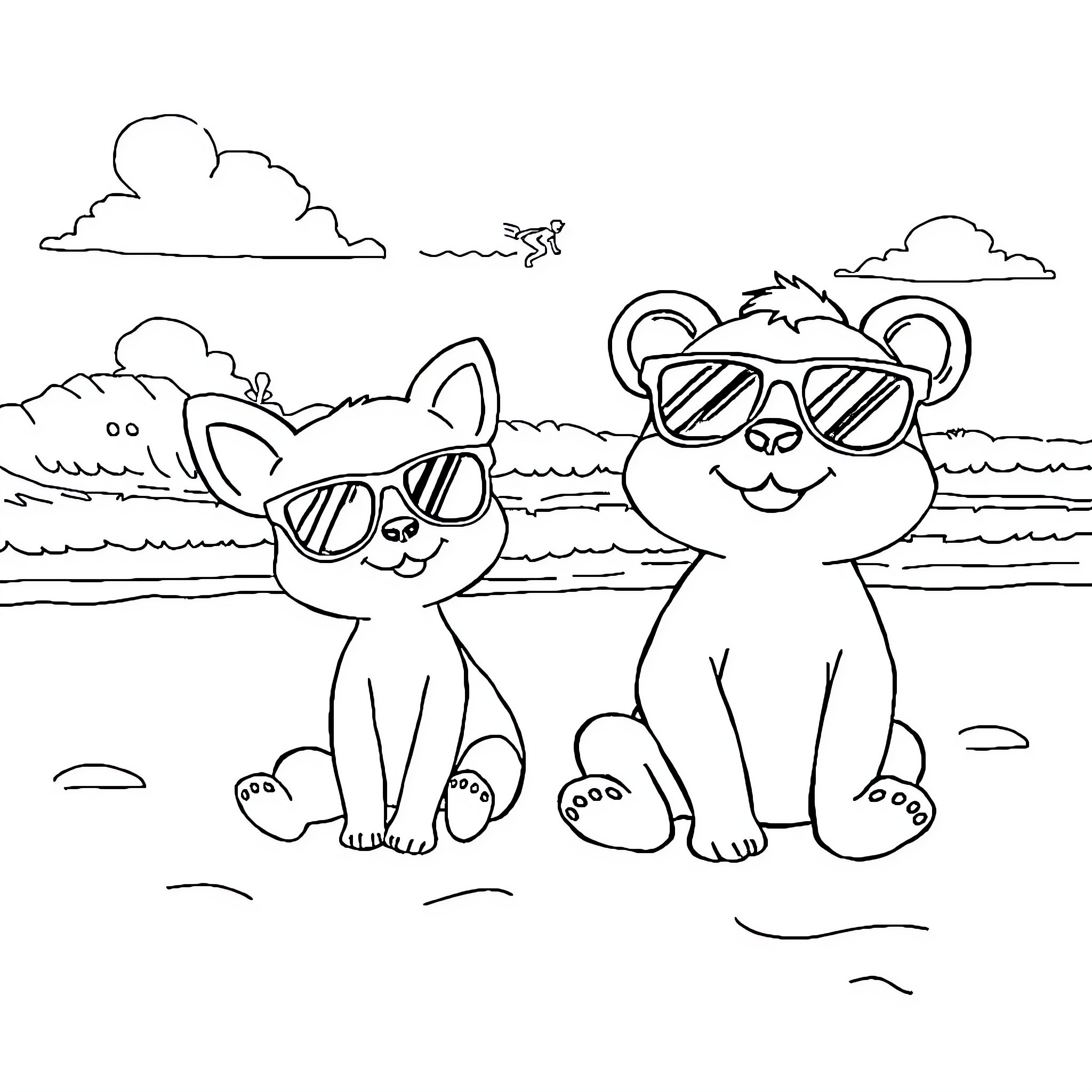 Choupi's beach adventure with sunglasses Coloring Page (free black-and-white line drawing printable PDF for all, from beginners to advanced learners, including children, teens, adults, and seniors)