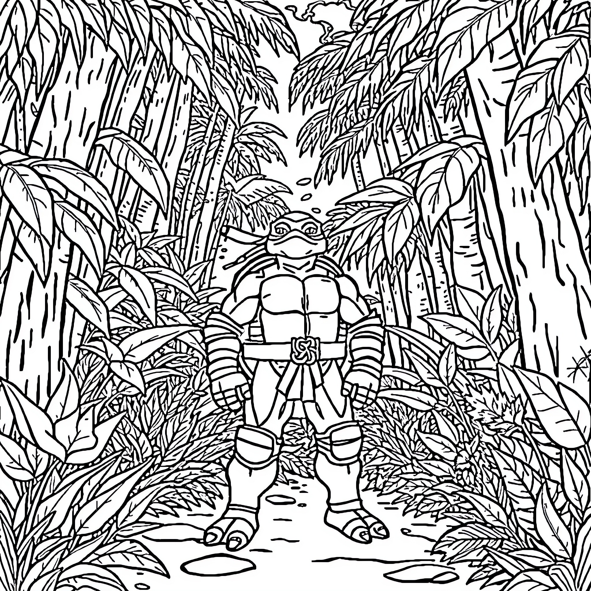 Mutant Ninja Turtle venturing through jungle foliage Coloring Page (free black-and-white line drawing printable PDF for all, from beginners to advanced learners, including children, teens, adults, and seniors)