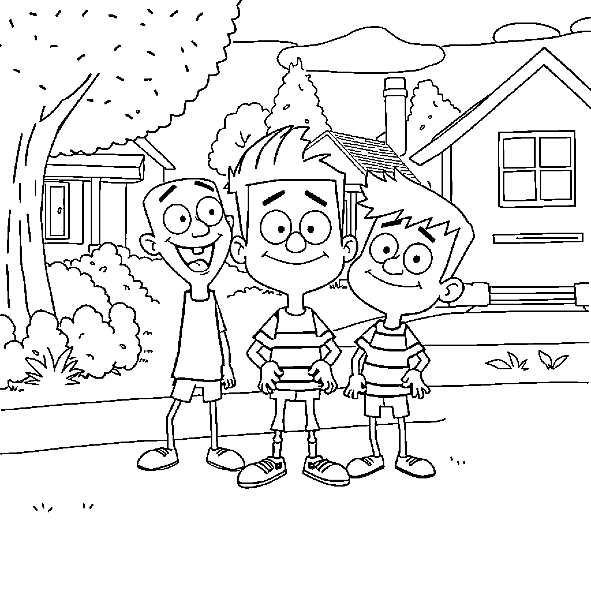 Ed, Edd n Eddy Standing in Front of Neighborhood Coloring Page (free black-and-white line drawing printable PDF for all, from beginners to advanced learners, including children, teens, adults, and seniors)