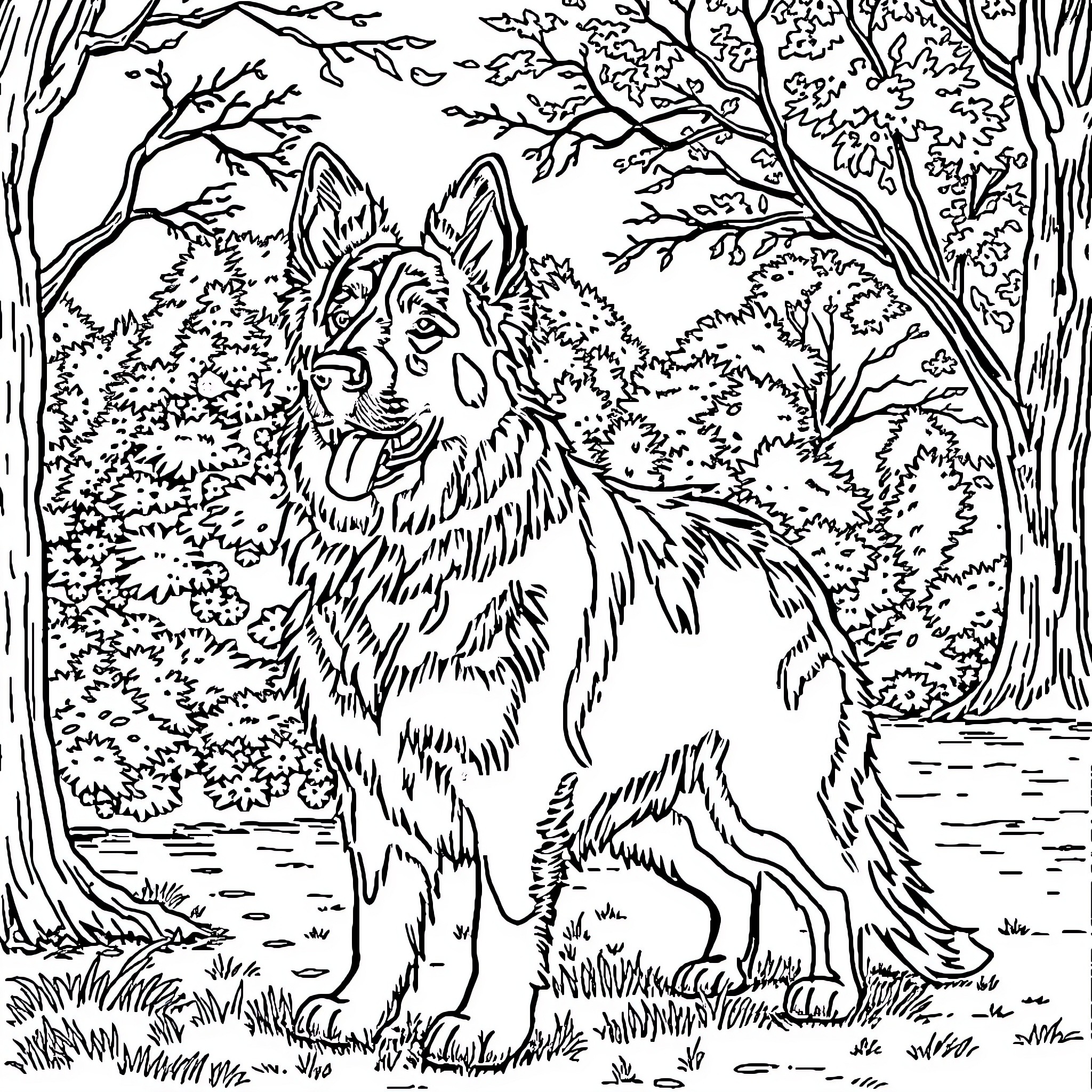 German Shepherd exploring the forest scenery Coloring Page (free black-and-white line drawing printable PDF for all, from beginners to advanced learners, including children, teens, adults, and seniors)