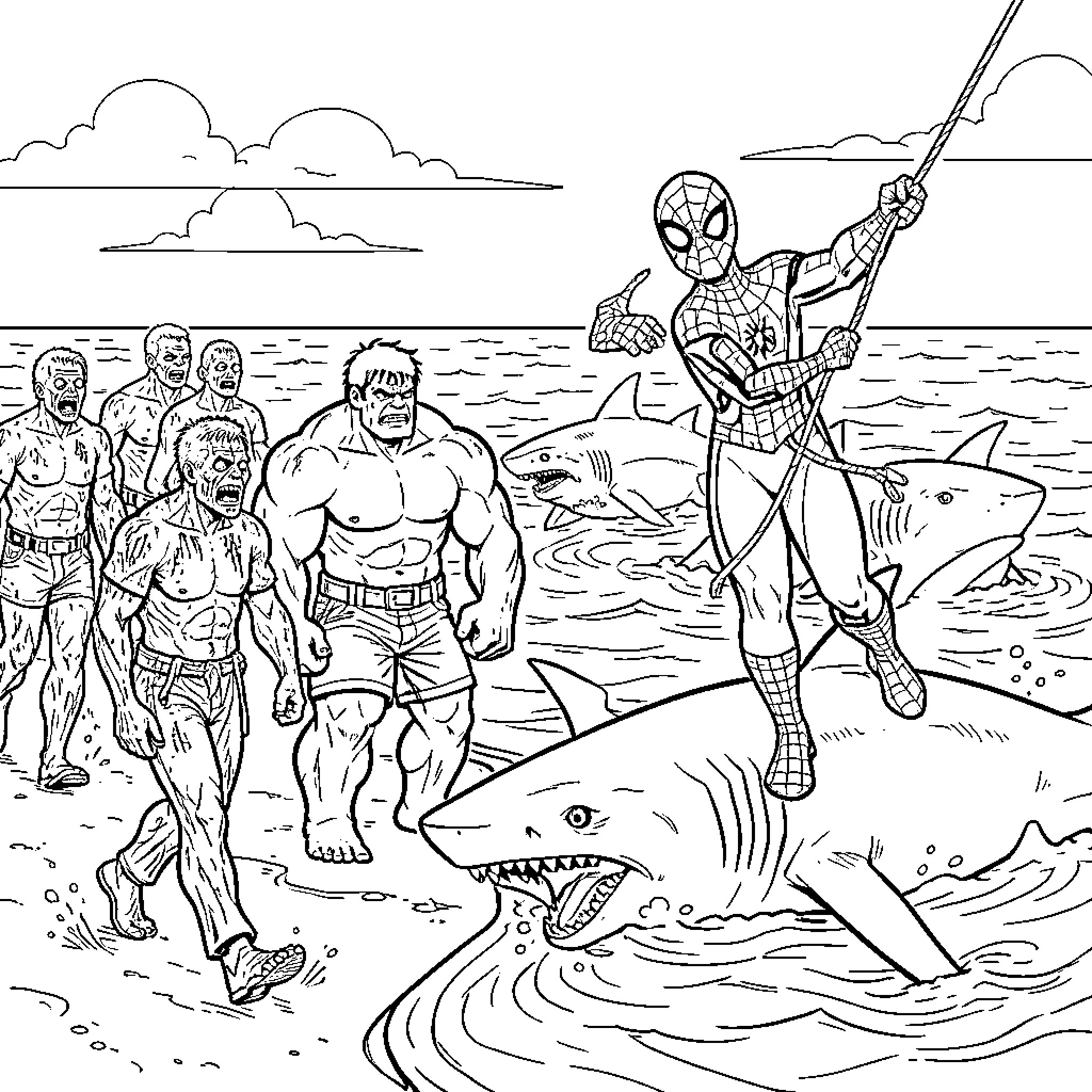 Zombie superheroes walking towards sharks on a beach Coloring Page (free black-and-white line drawing printable PDF for all, from beginners to advanced learners, including children, teens, adults, and seniors)