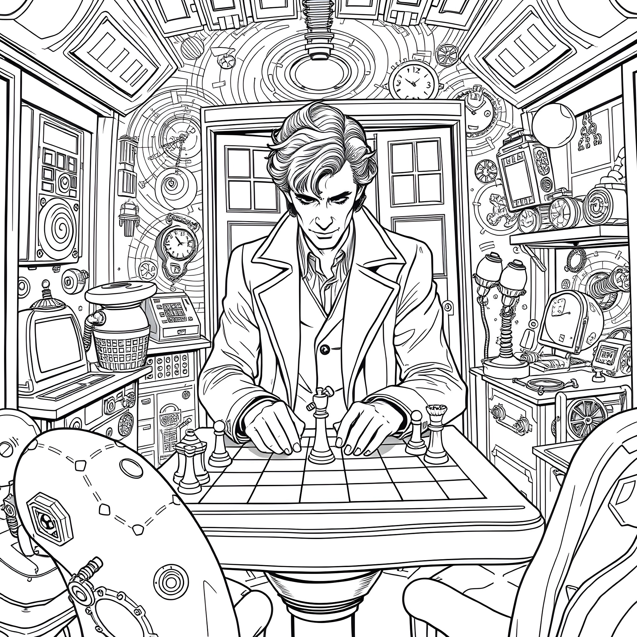Doctor Examining Intricate Gadgets and Playing Chess Coloring Page (free black-and-white line drawing printable PDF for all, from beginners to advanced learners, including children, teens, adults, and seniors)