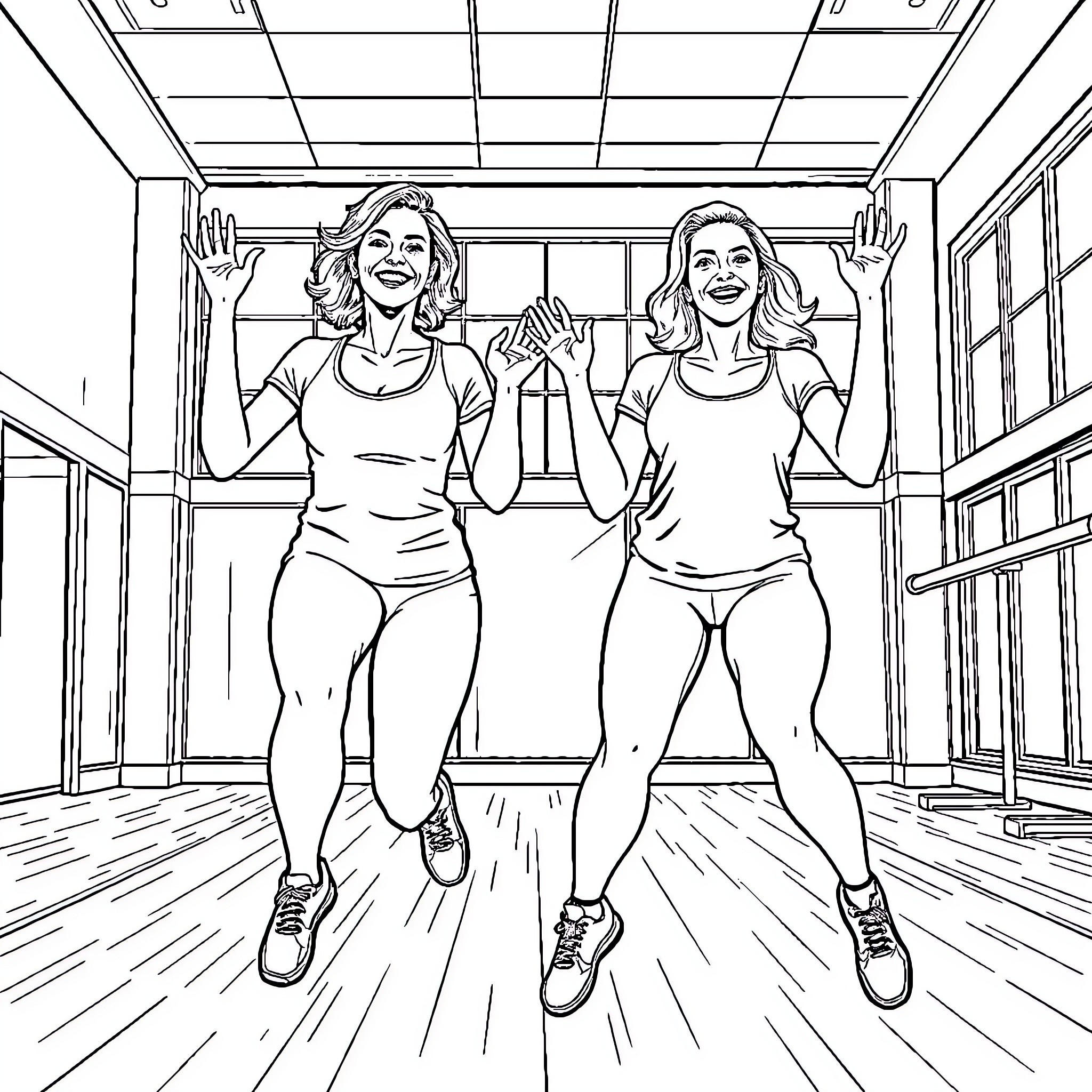 Christina Hendricks and friend in energetic fitness routine Coloring Page (free black-and-white line drawing printable PDF for all, from beginners to advanced learners, including children, teens, adults, and seniors)