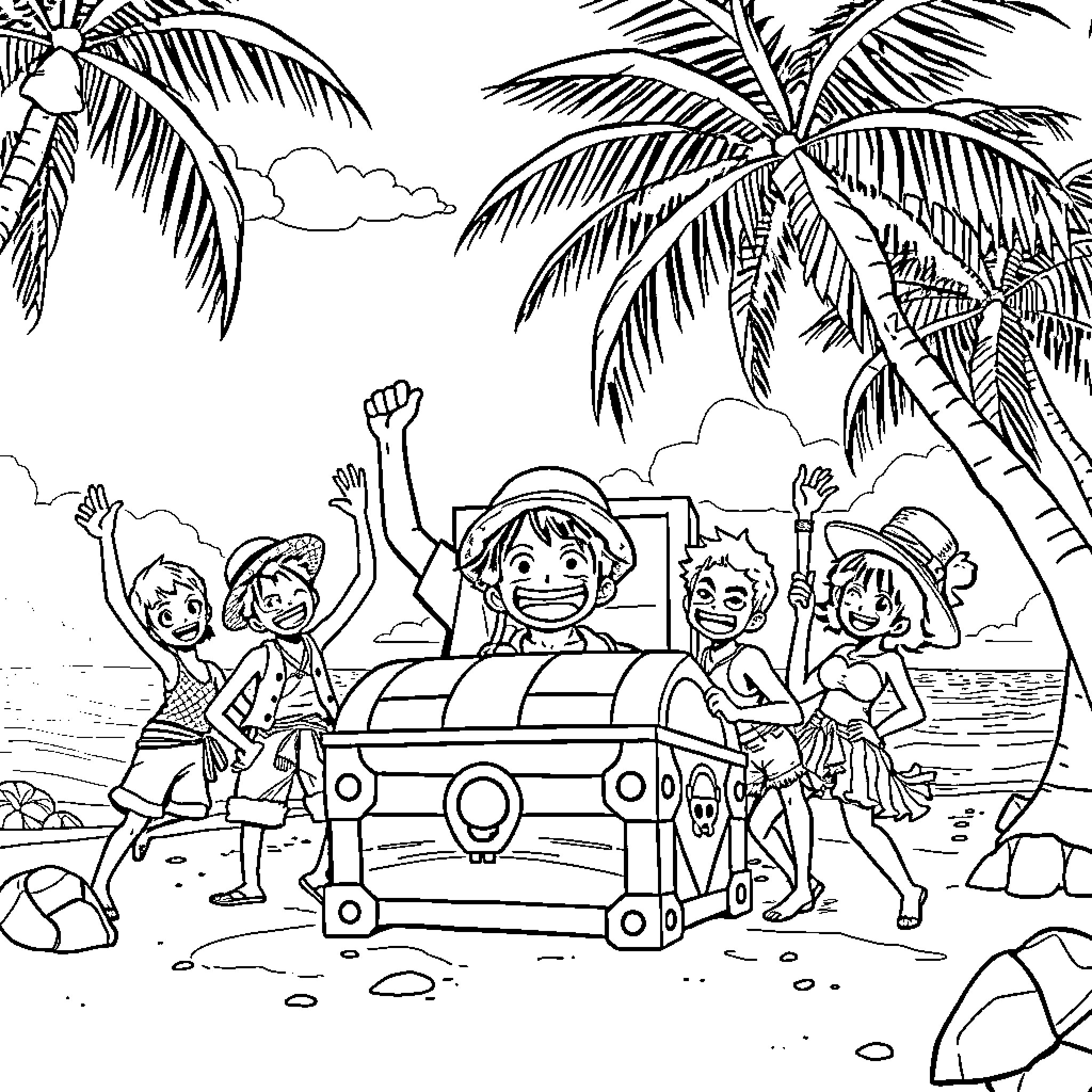 Luffy's Tropical Adventure with Friends Coloring Page (free black-and-white line drawing printable PDF for all, from beginners to advanced learners, including children, teens, adults, and seniors)