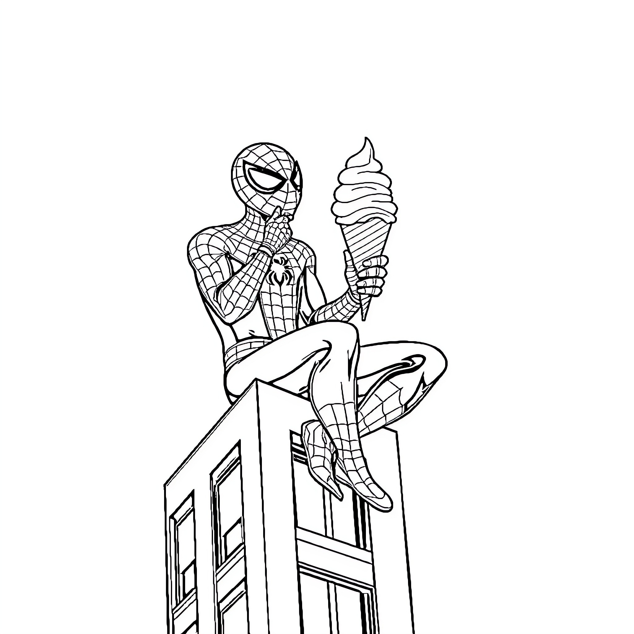 Spiderman enjoying an ice cream treat Coloring Page (free black-and-white line drawing printable PDF for all, from beginners to advanced learners, including children, teens, adults, and seniors)