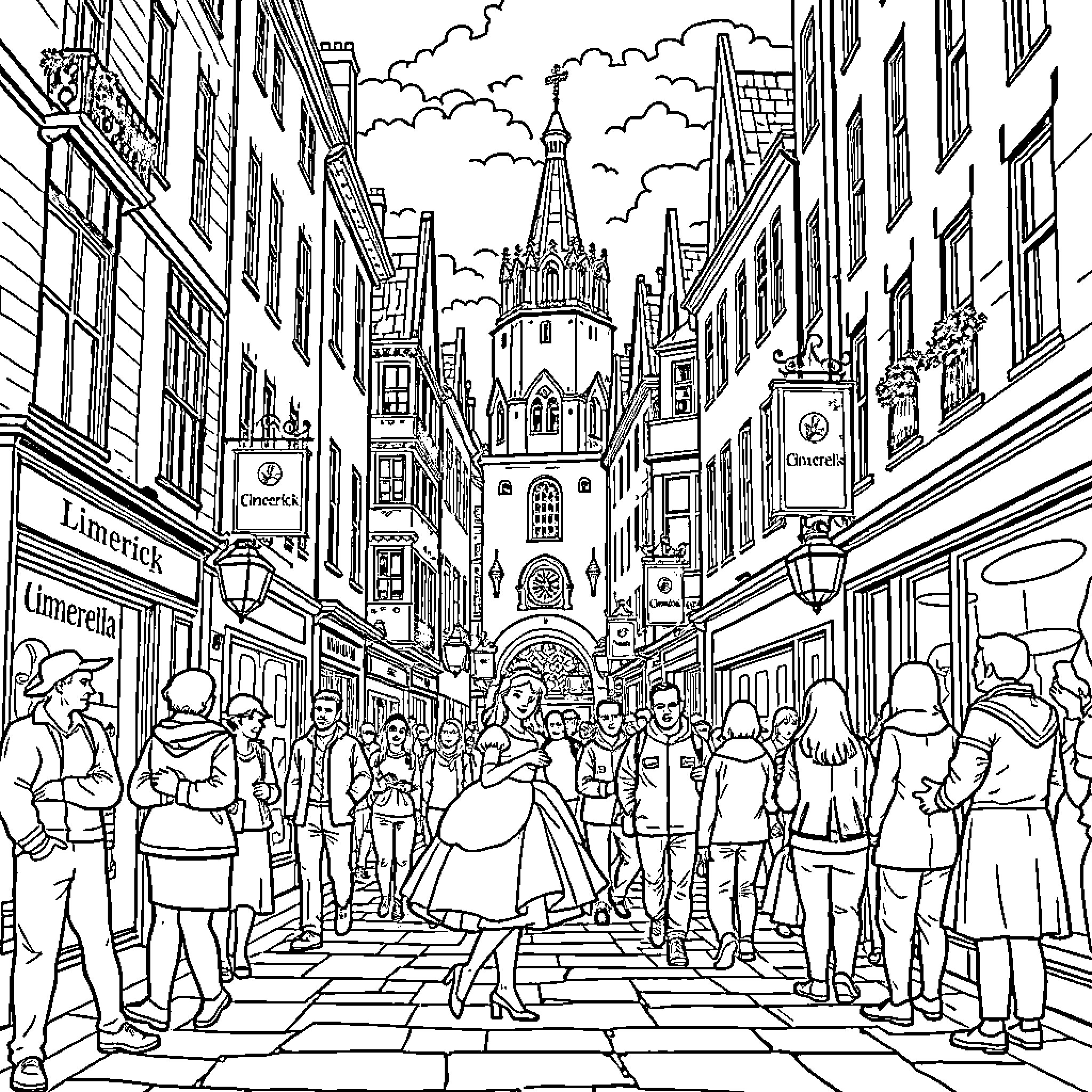Cinderella in a Bustling Medieval City Street Coloring Page (free black-and-white line drawing printable PDF for all, from beginners to advanced learners, including children, teens, adults, and seniors)