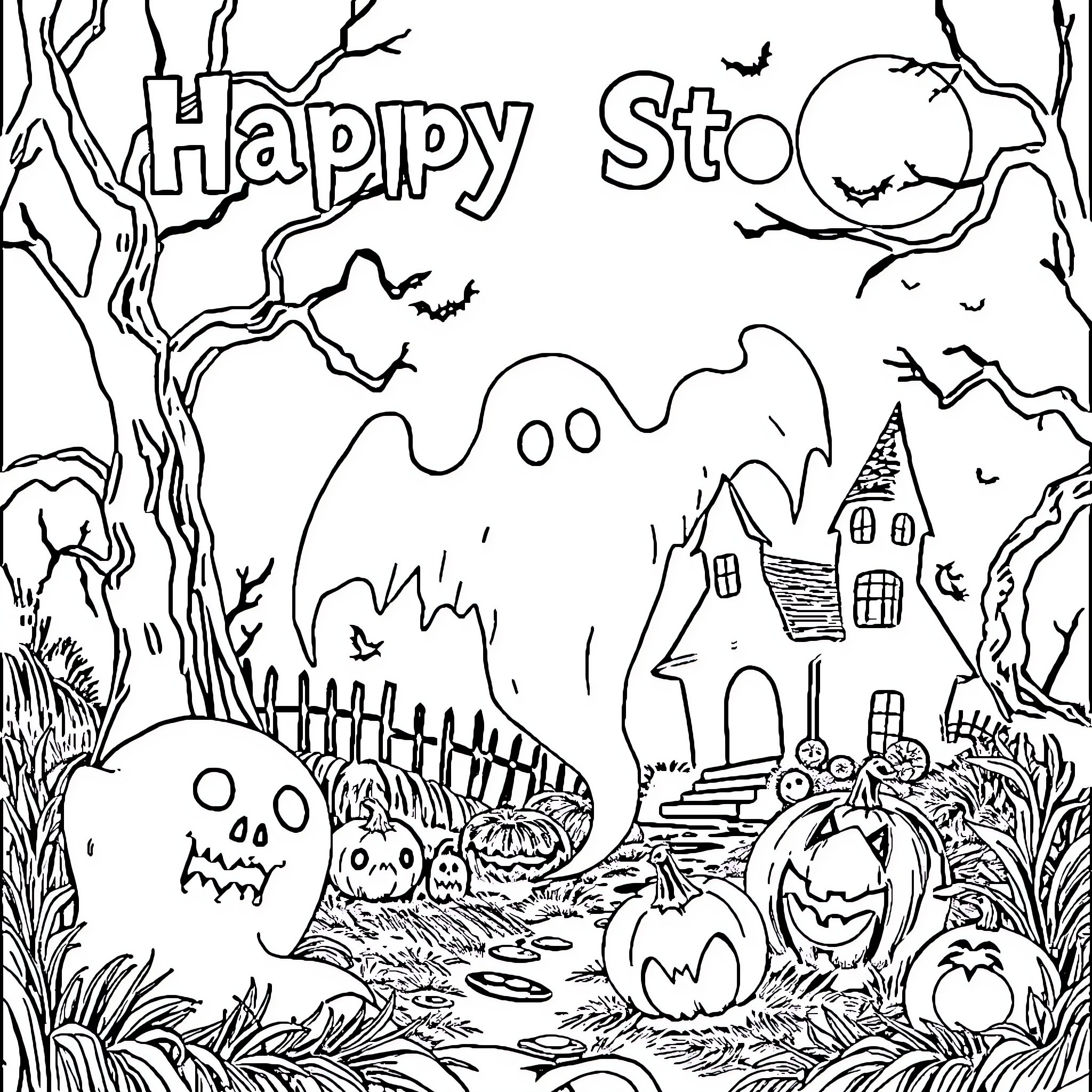 Halloween scene with spooky characters and decorations Coloring Page (free black-and-white line drawing printable PDF for all, from beginners to advanced learners, including children, teens, adults, and seniors)