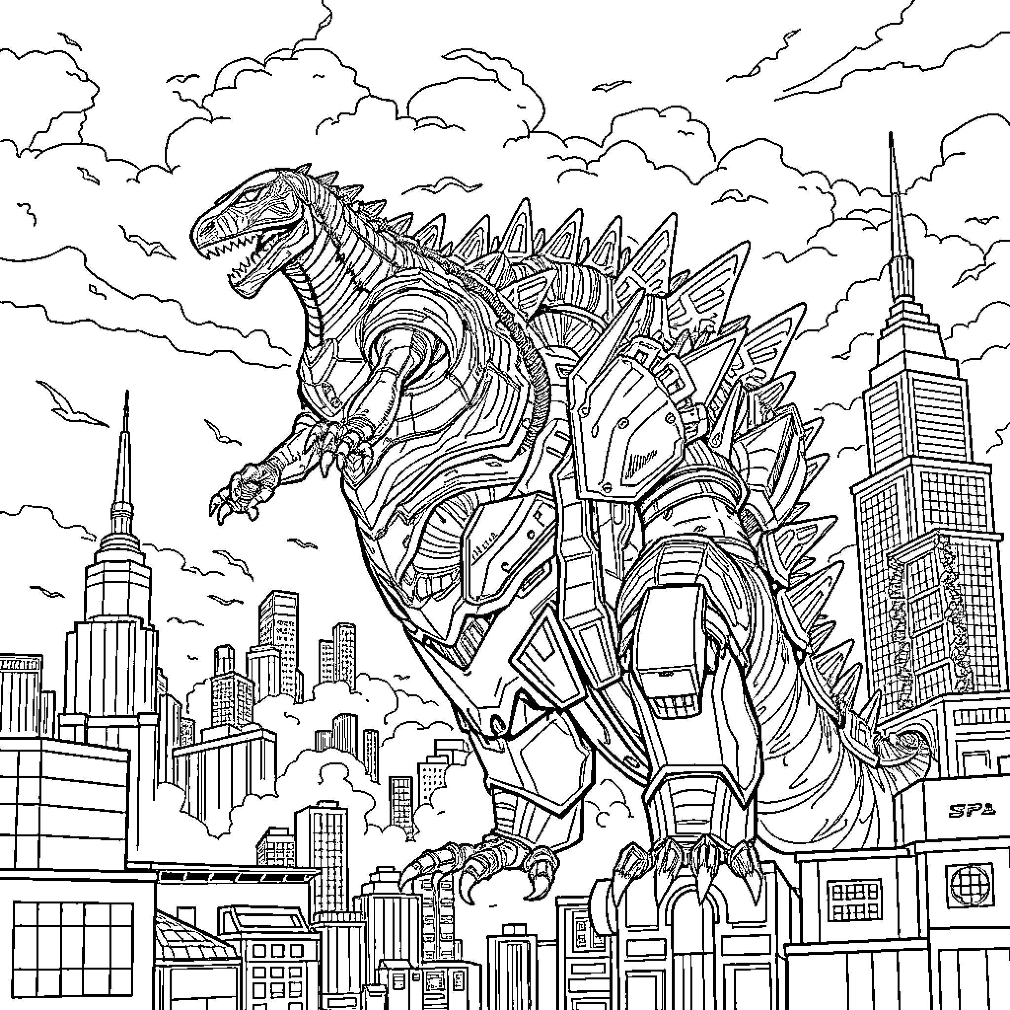 Godzilla Rampages Through the Futuristic City Coloring Page (free black-and-white line drawing printable PDF for all, from beginners to advanced learners, including children, teens, adults, and seniors)