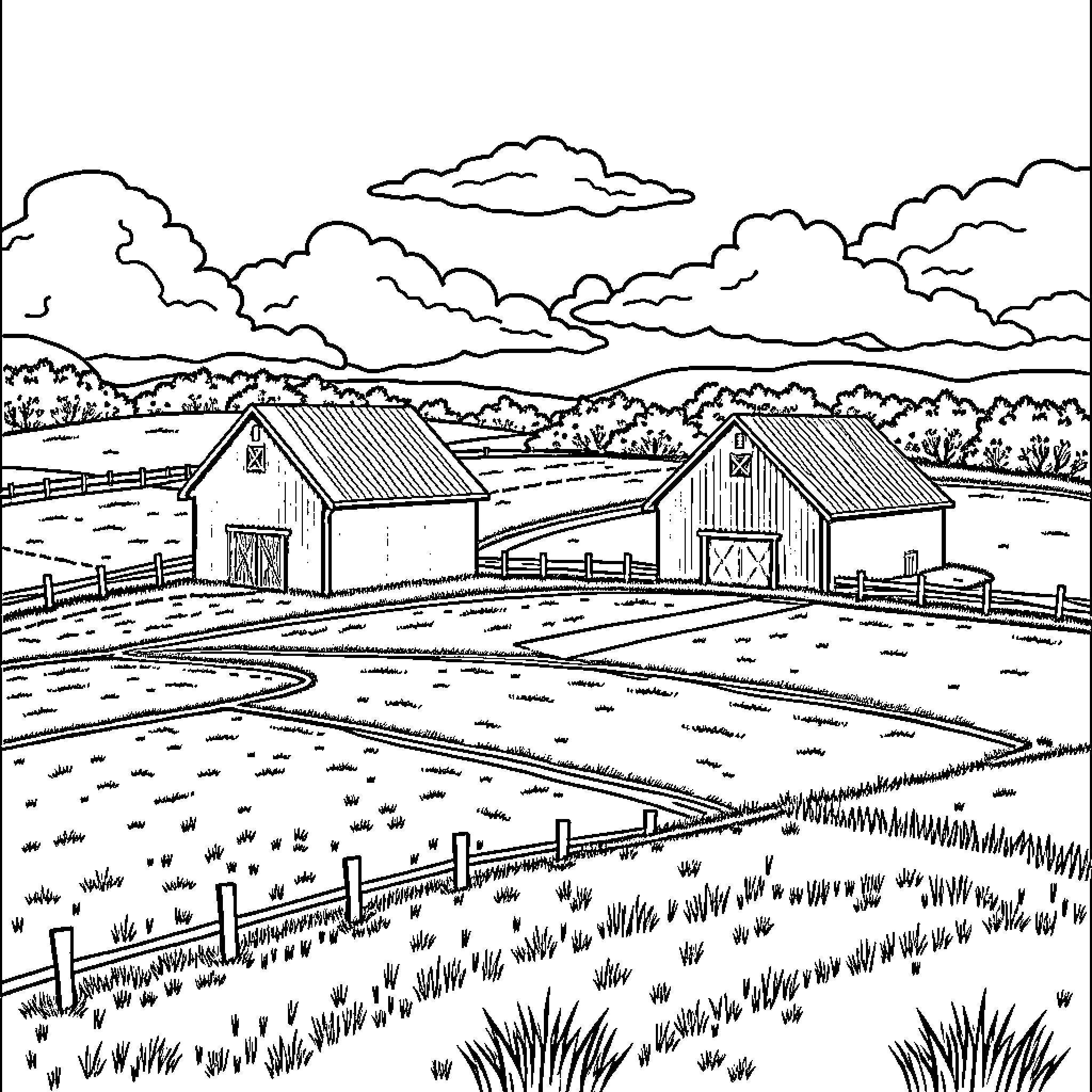Farm with Barns and Fences in Scenic Countryside Coloring Page (free black-and-white line drawing printable PDF for all, from beginners to advanced learners, including children, teens, adults, and seniors)